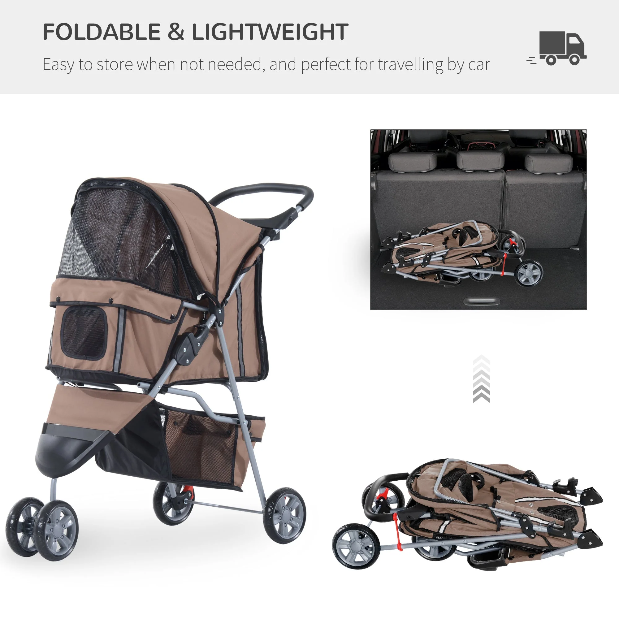 PawHut Pet Travel Stroller Cat Dog Pushchair Trolley Puppy Jogger Carrier Three Wheels for Small Miniature DogsCoffee - Image 6