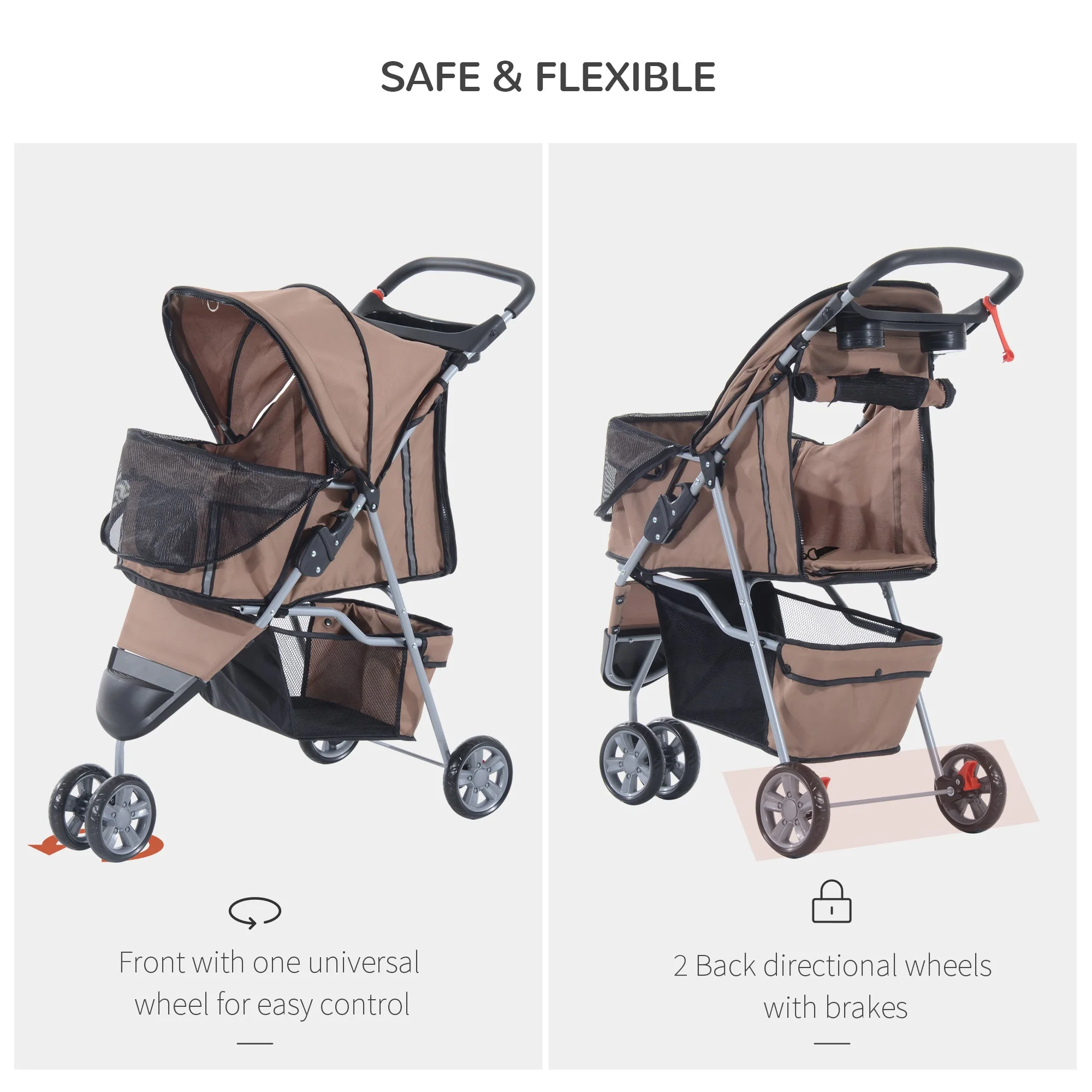PawHut Pet Travel Stroller Cat Dog Pushchair Trolley Puppy Jogger Carrier Three Wheels for Small Miniature DogsCoffee - Image 7