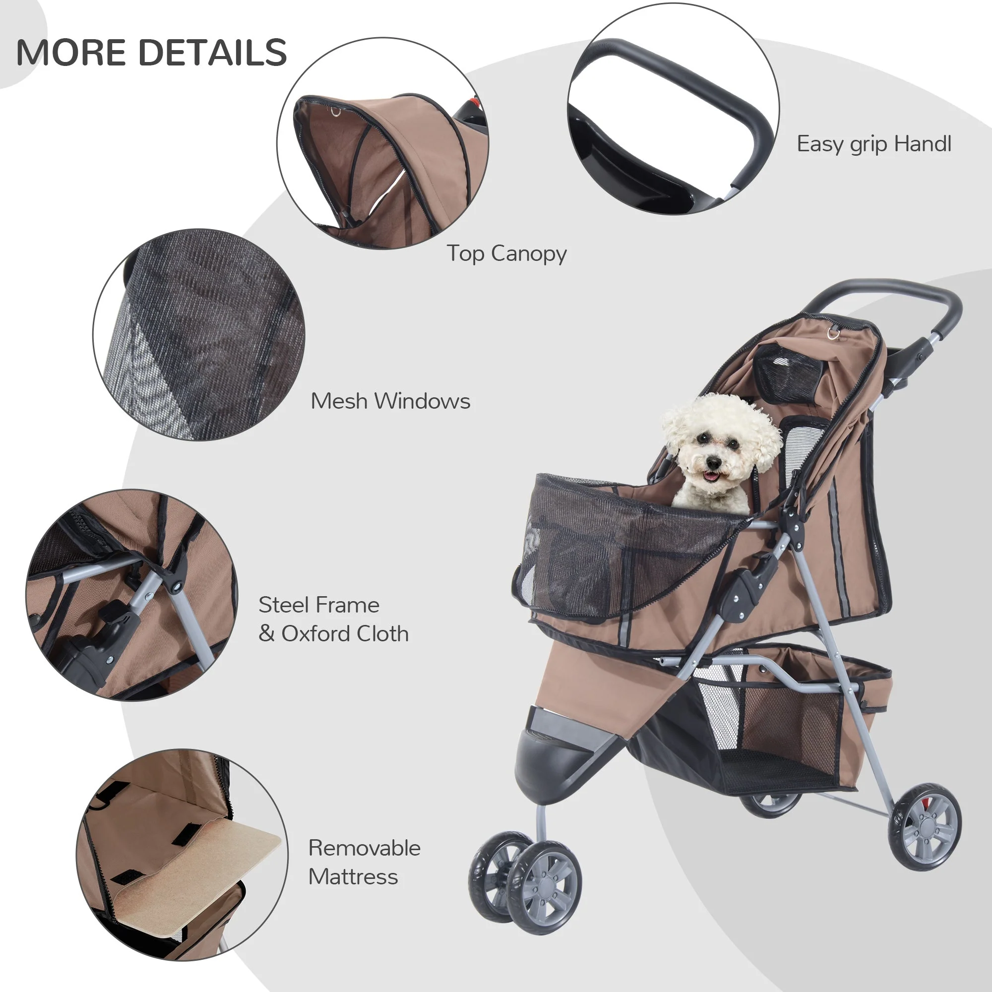 PawHut Pet Travel Stroller Cat Dog Pushchair Trolley Puppy Jogger Carrier Three Wheels for Small Miniature DogsCoffee - Image 8