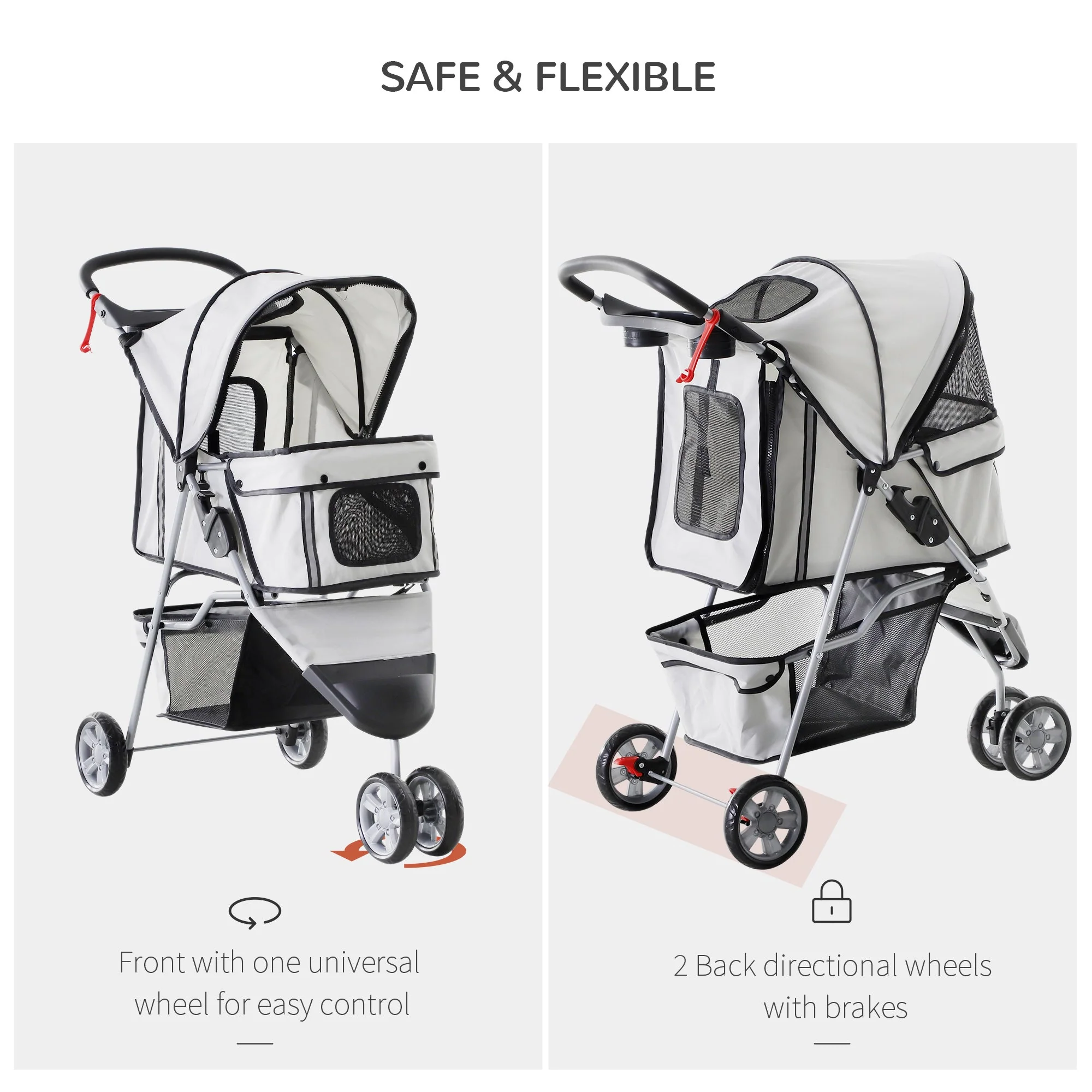 PawHut Pet Travel Stroller Cat Dog Pushchair Trolley Puppy Jogger Carrier Three Wheels for Small Miniature DogsGrey - Image 5
