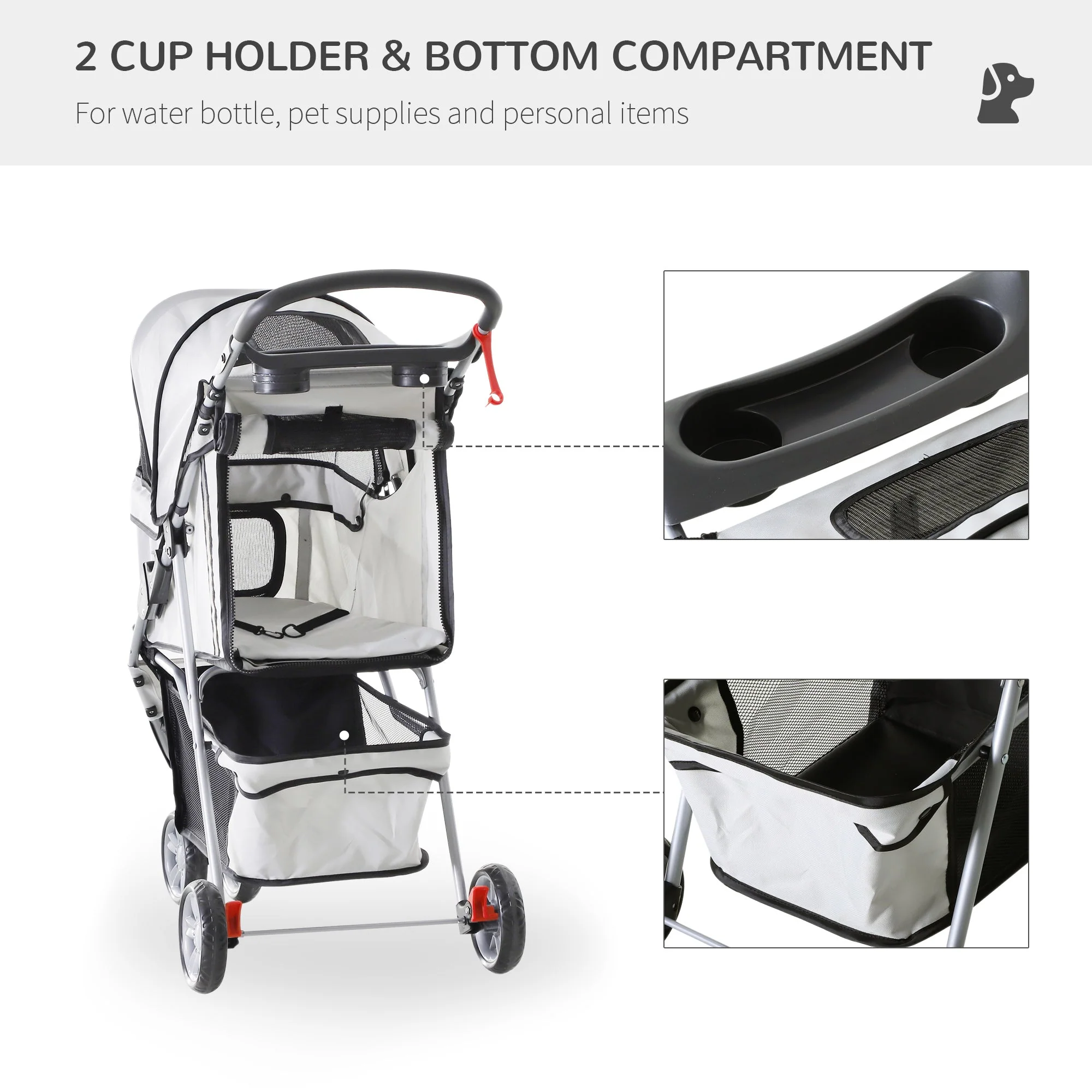PawHut Pet Travel Stroller Cat Dog Pushchair Trolley Puppy Jogger Carrier Three Wheels for Small Miniature DogsGrey - Image 6