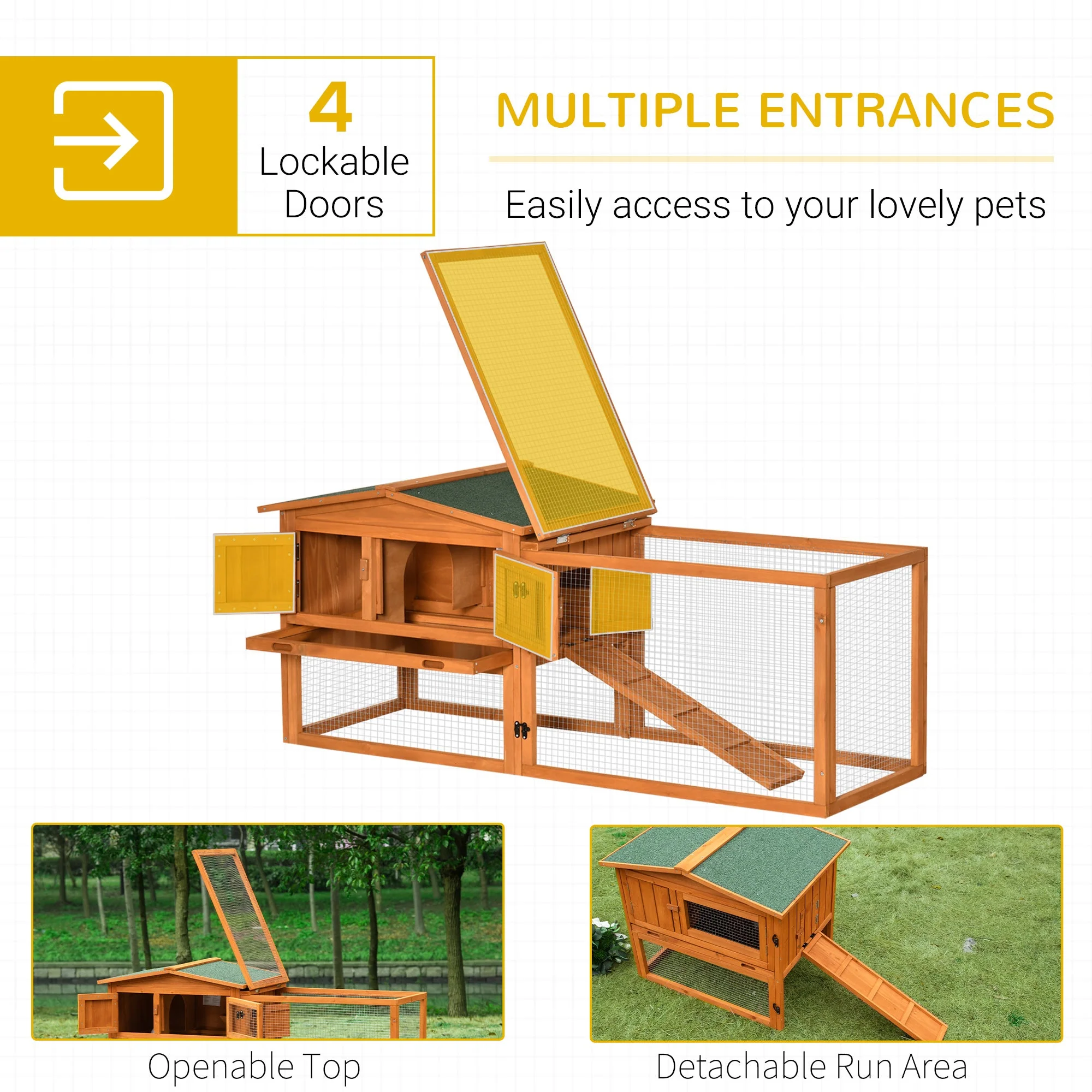 PawHut Rabbit Hutch and Run Outdoor Bunny Cage Wooden Guinea Pig Hide House with Sliding Tray - Image 2