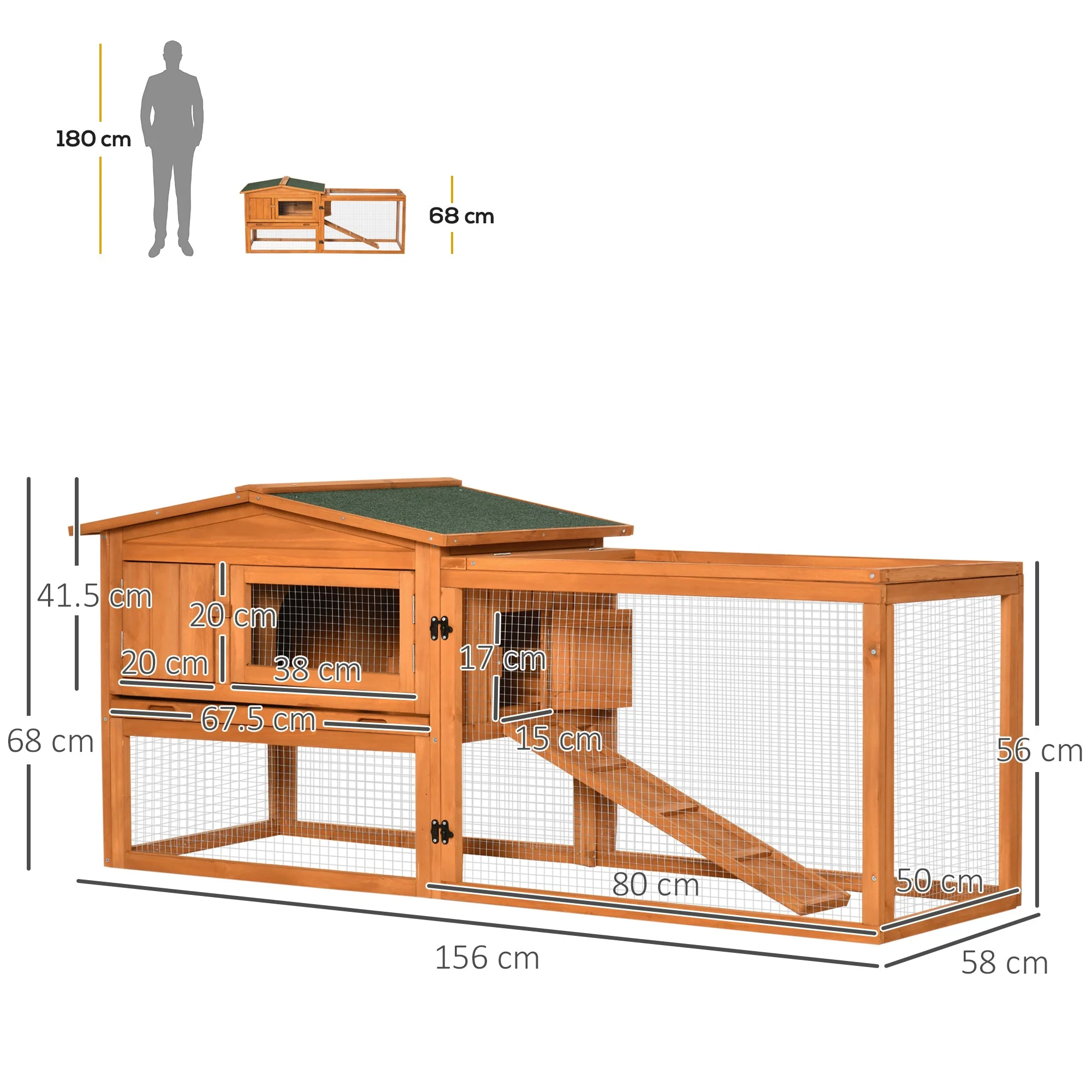 PawHut Rabbit Hutch and Run Outdoor Bunny Cage Wooden Guinea Pig Hide House with Sliding Tray - Image 3
