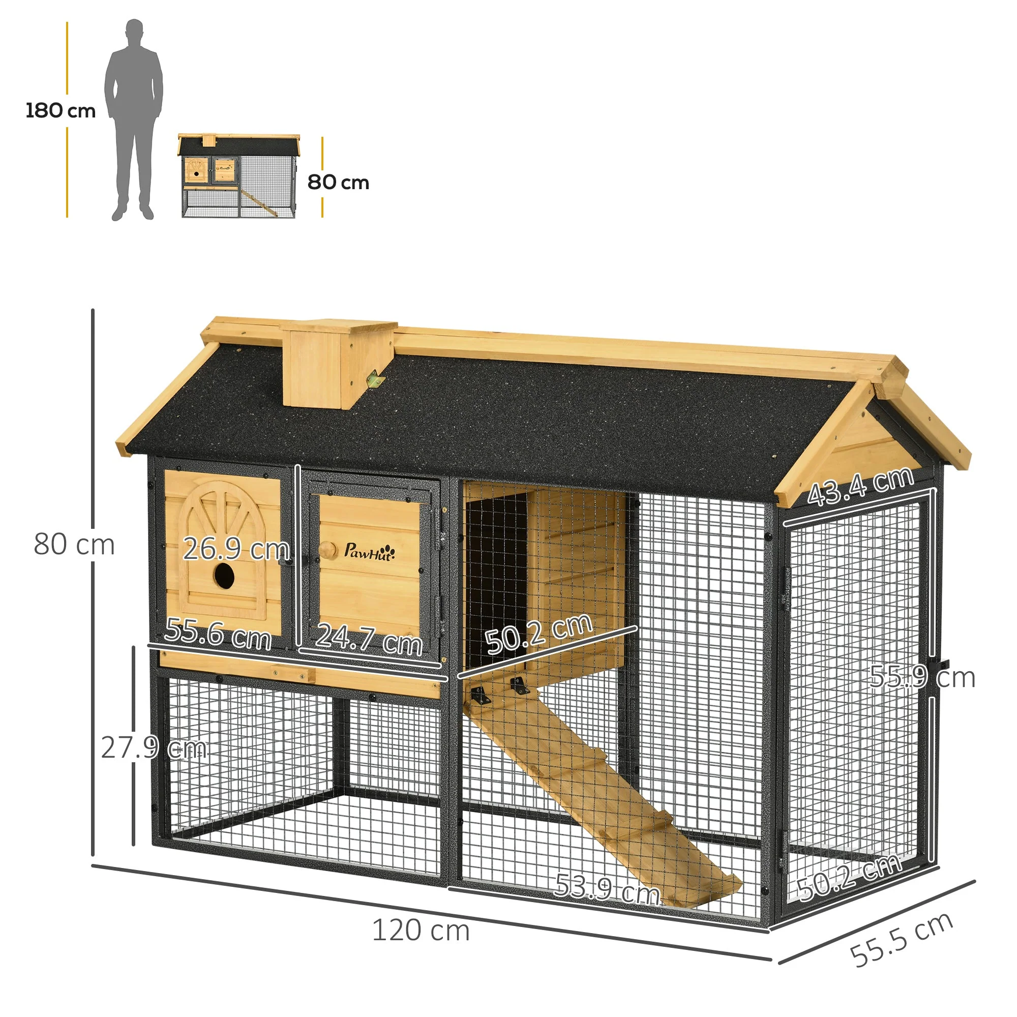 PawHut Rabbit Hutch Outdoor Bunny Cage with Run - Image 3