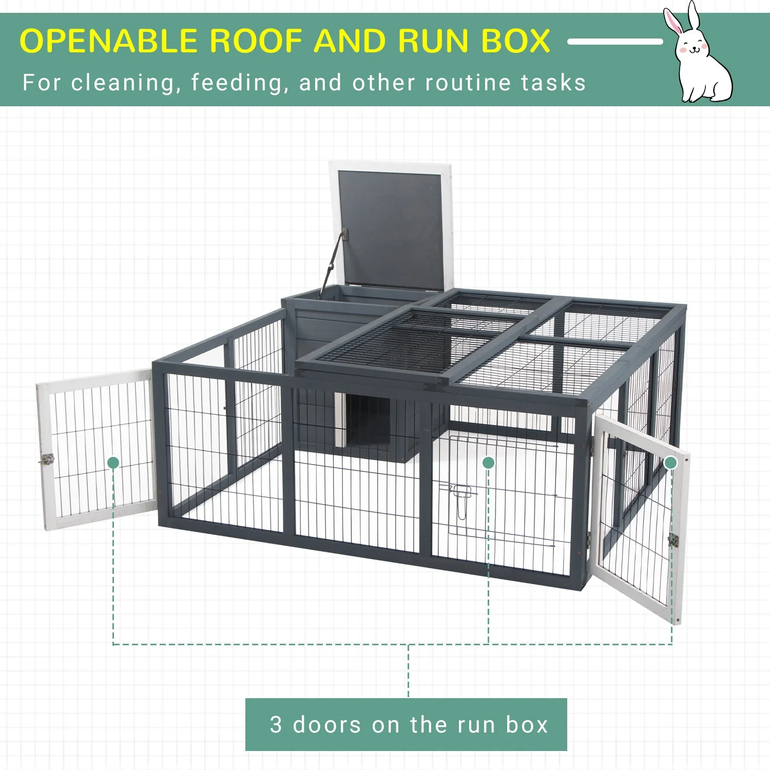 PawHut Rabbit Hutch Small Animal Guinea Pig House with Openable Main House & Run Roof - Image 3
