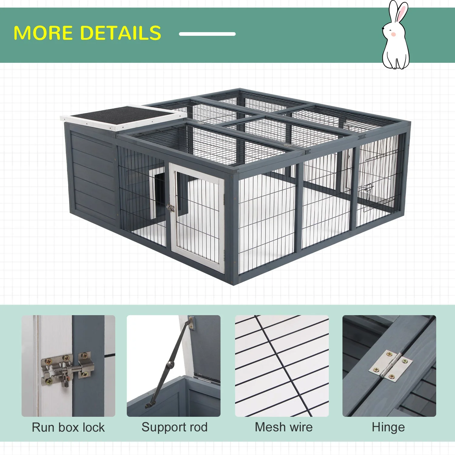 PawHut Rabbit Hutch Small Animal Guinea Pig House with Openable Main House & Run Roof - Image 4