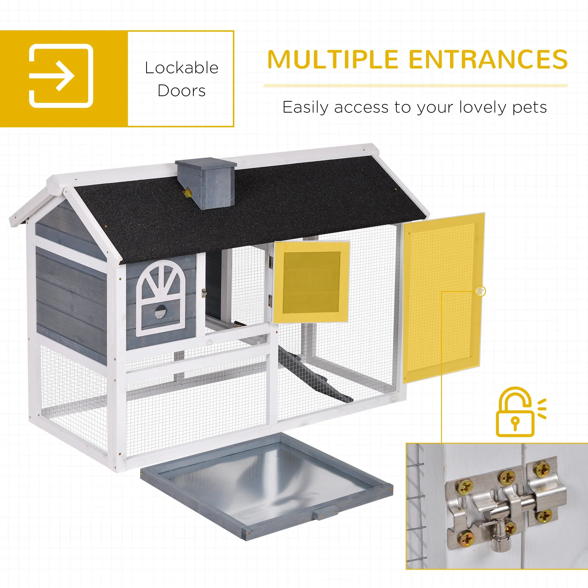PawHut Rabbit Hutch Wood Bunny Cage Run Guinea Pig Hutch for Outdoor Indoor w/ Pull Out Tray Run Box Ramp - Image 2