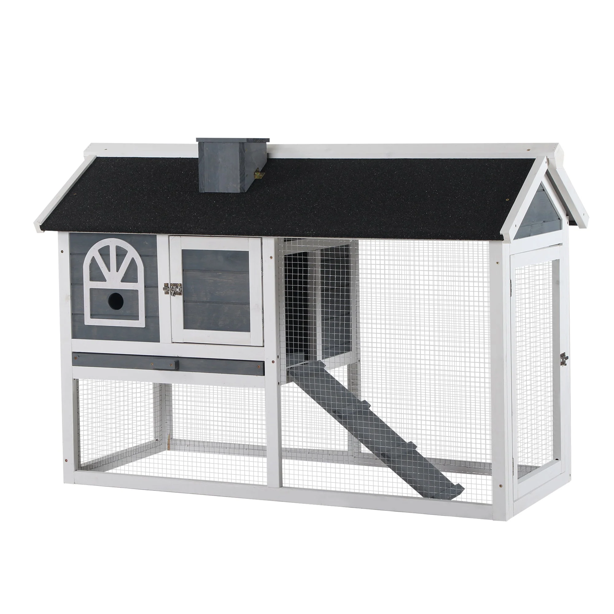 PawHut Rabbit Hutch Wood Bunny Cage Run Guinea Pig Hutch for Outdoor Indoor w/ Pull Out Tray Run Box Ramp - Image 6