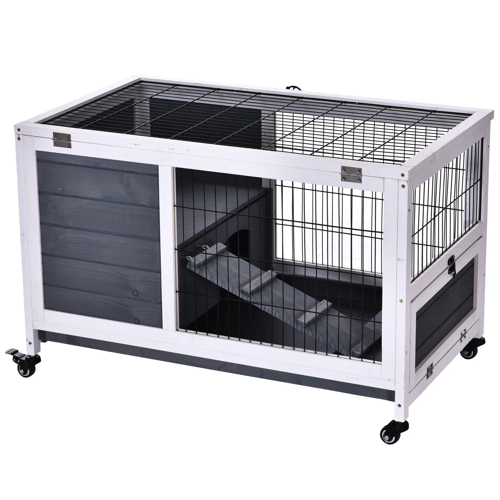 PawHut Rabbits Indoor Fir Wood Lift-Top Hutch-Grey and White - Image 2