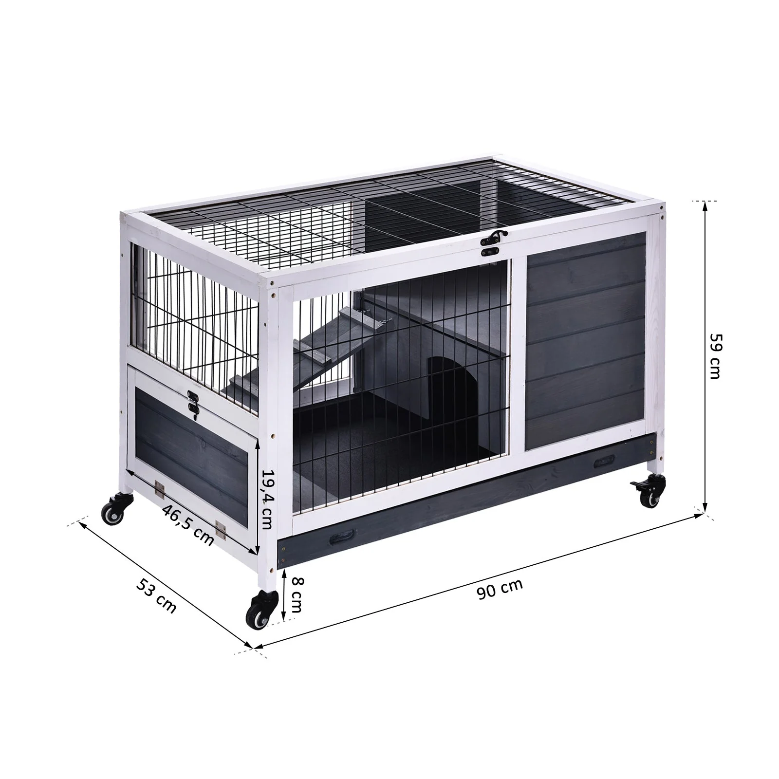 PawHut Rabbits Indoor Fir Wood Lift-Top Hutch-Grey and White - Image 3