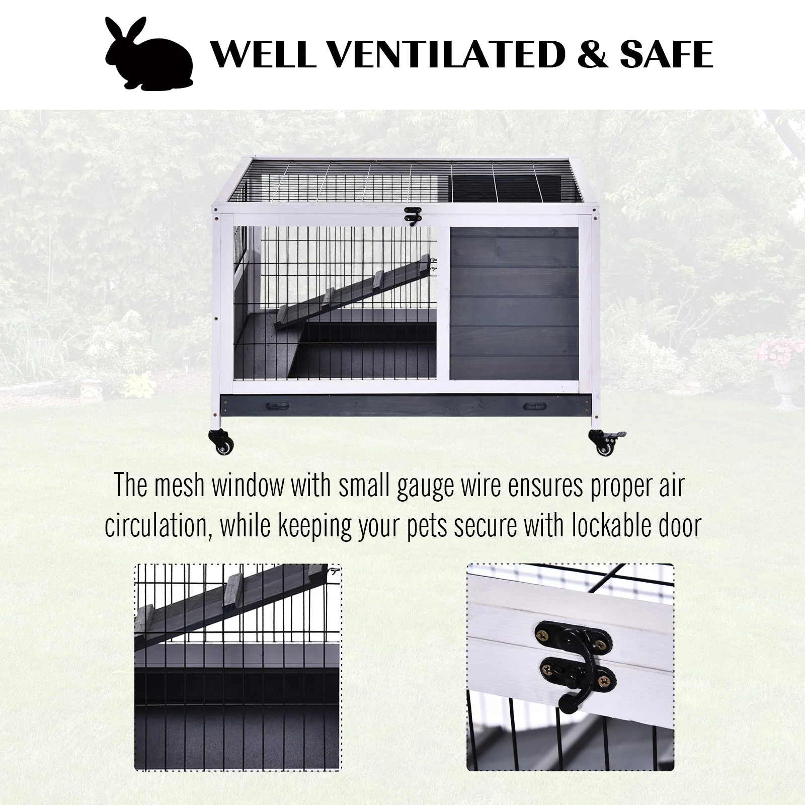 PawHut Rabbits Indoor Fir Wood Lift-Top Hutch-Grey and White - Image 4