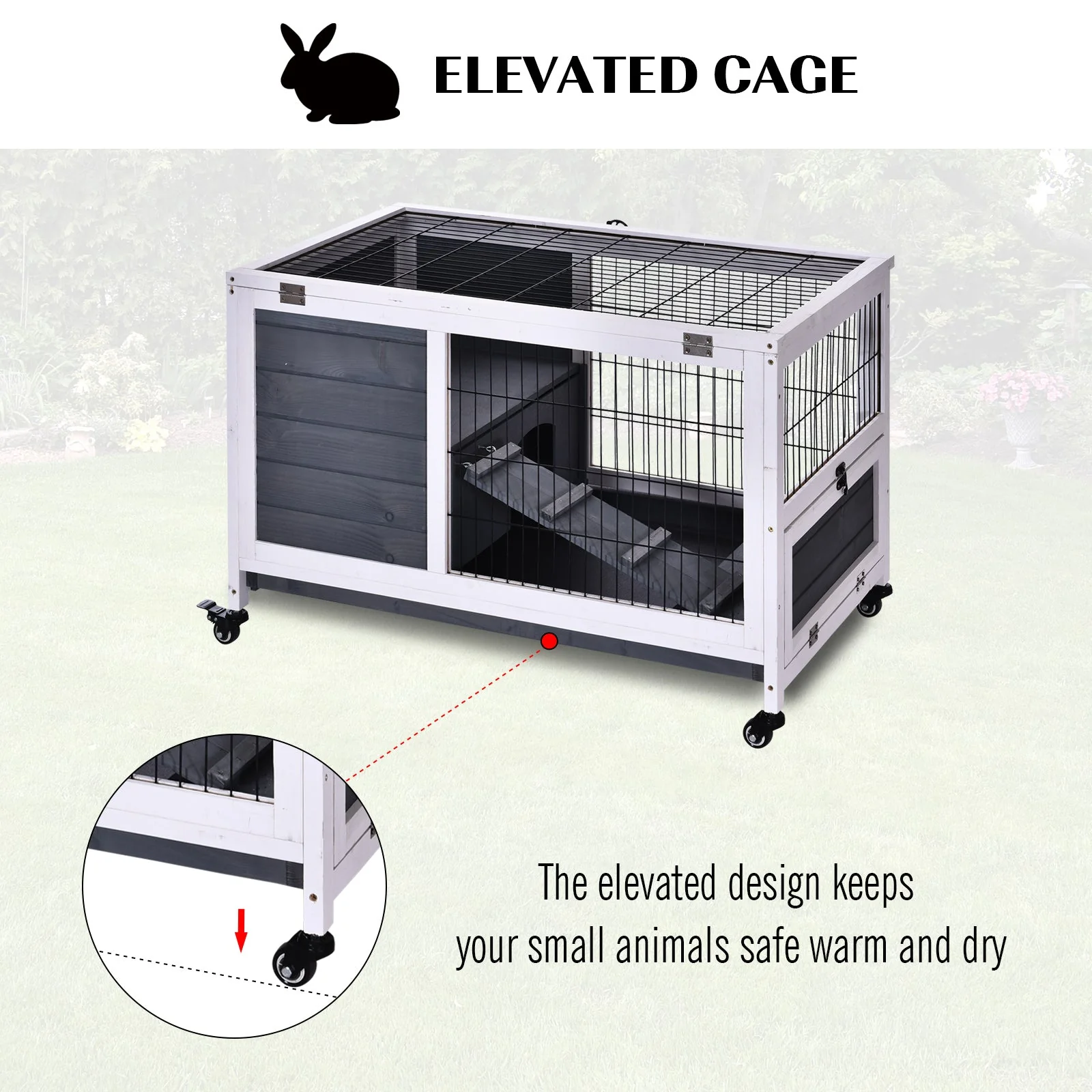 PawHut Rabbits Indoor Fir Wood Lift-Top Hutch-Grey and White - Image 5