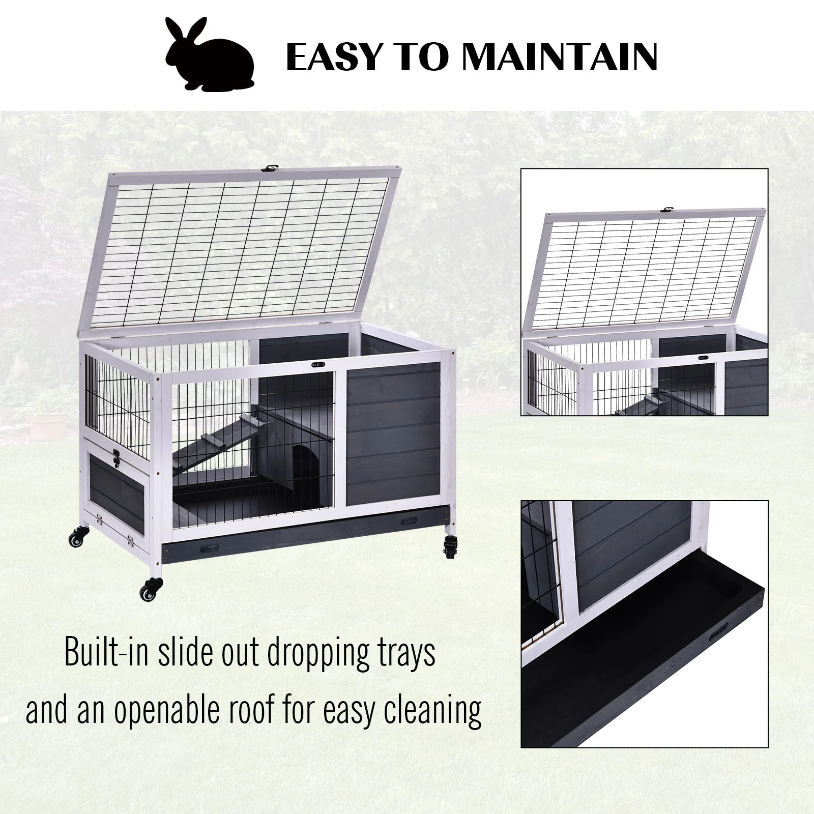 PawHut Rabbits Indoor Fir Wood Lift-Top Hutch-Grey and White - Image 6