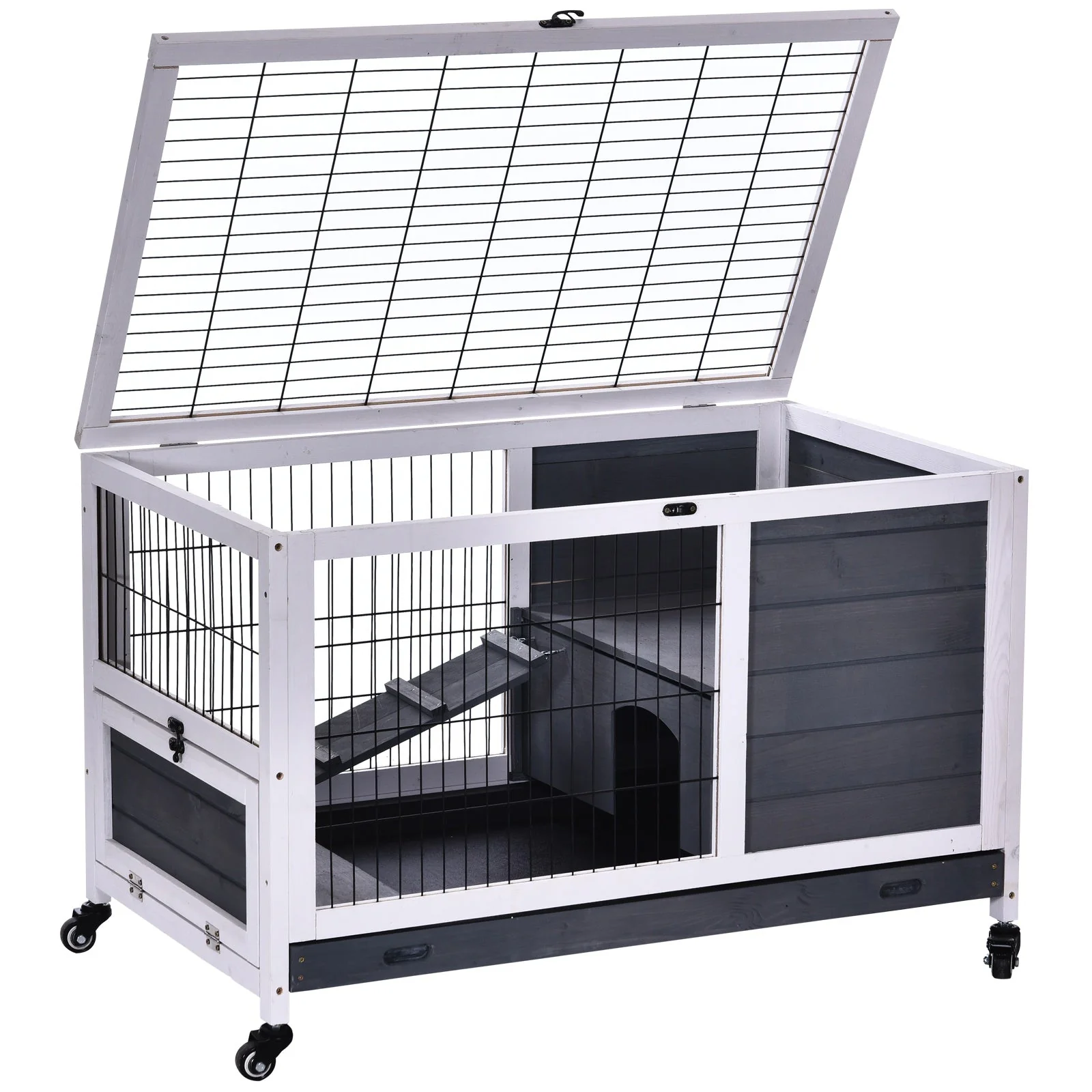 PawHut Rabbits Indoor Fir Wood Lift-Top Hutch-Grey and White - Image 9