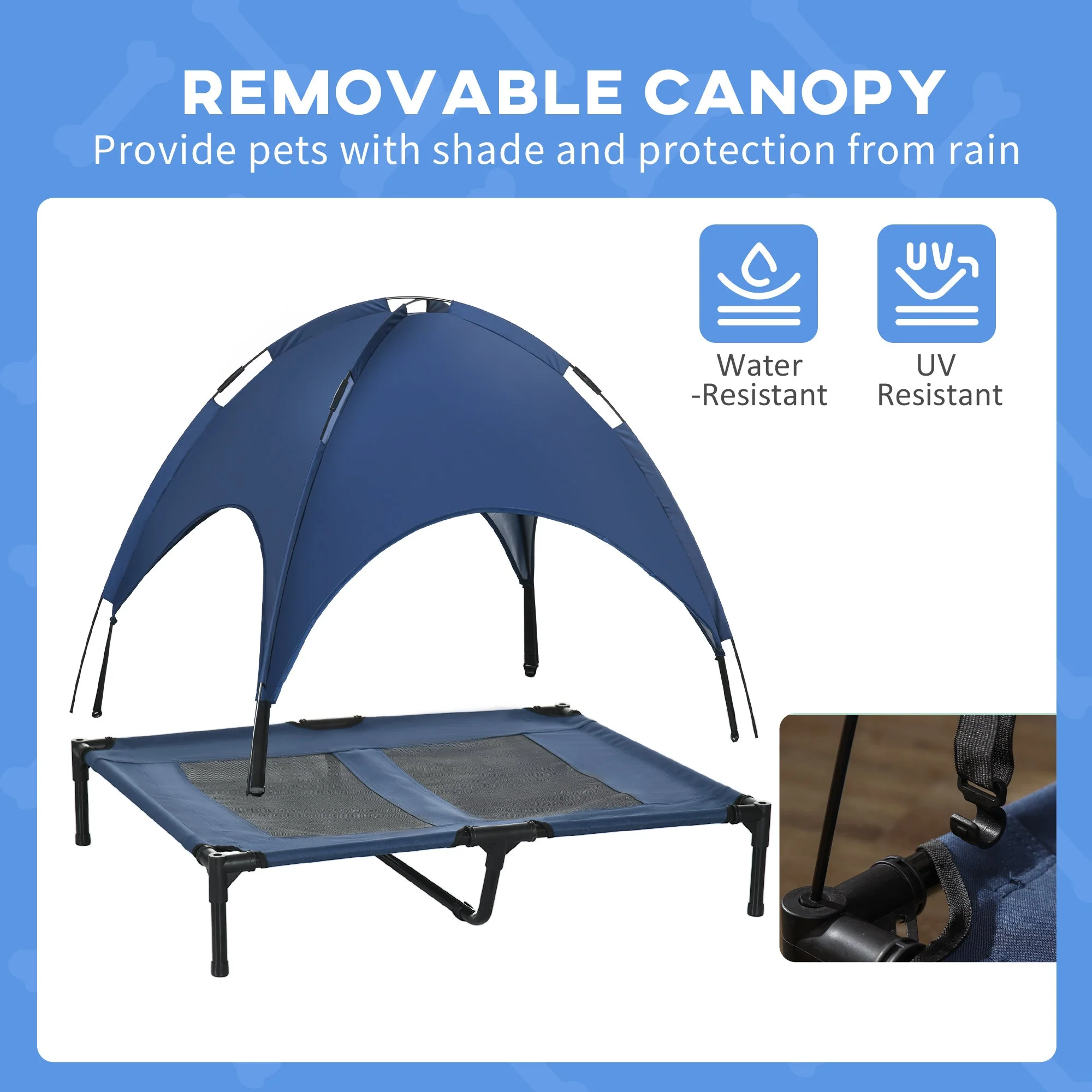 PawHut Raised Dog Bed Waterproof Elevated Pet Cot with Breathable Mesh UV Protection Canopy Blue - Image 5