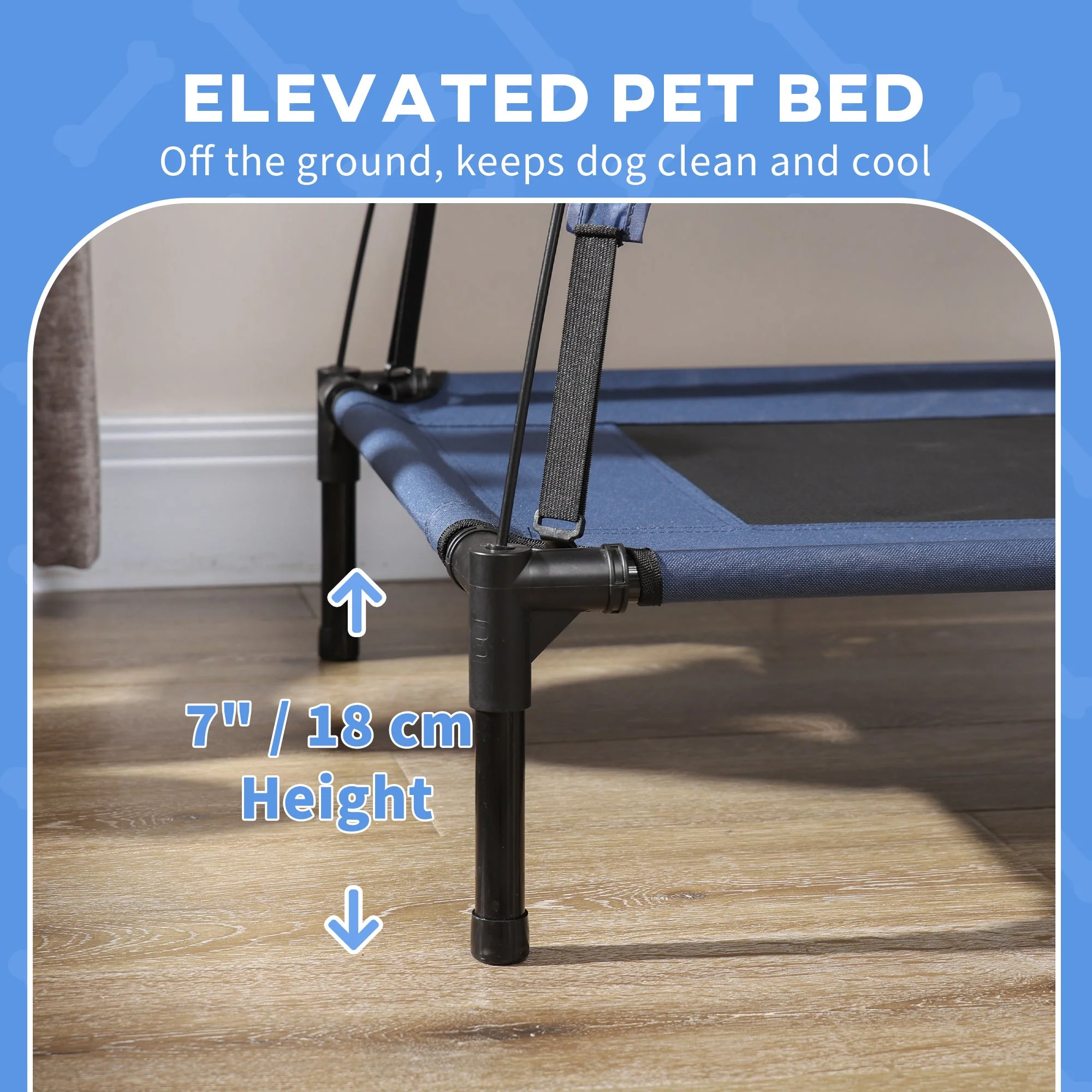 PawHut Raised Dog Bed Waterproof Elevated Pet Cot with Breathable Mesh UV Protection Canopy Blue - Image 6