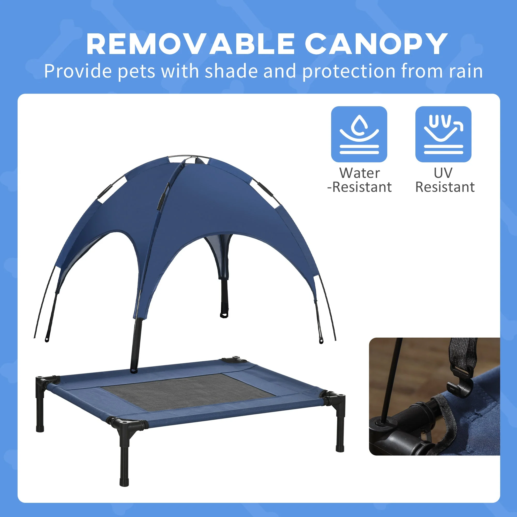 PawHut Raised Dog Bed Waterproof Elevated Pet Cot with Breathable Mesh UV Protection Canopy Blue - Image 4