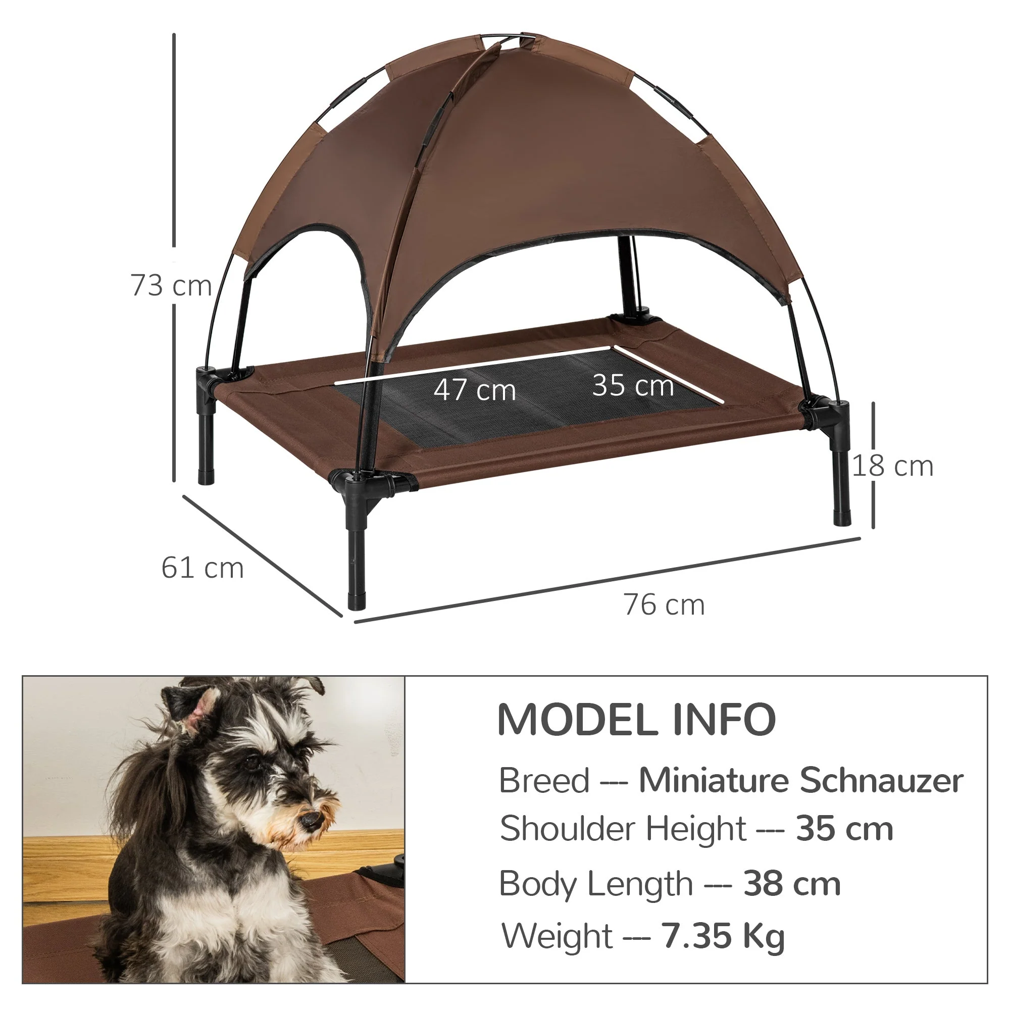 PawHut Raised Dog Bed Waterproof Elevated Pet Cot with Breathable Mesh UV Protection Canopy Coffee - Image 2
