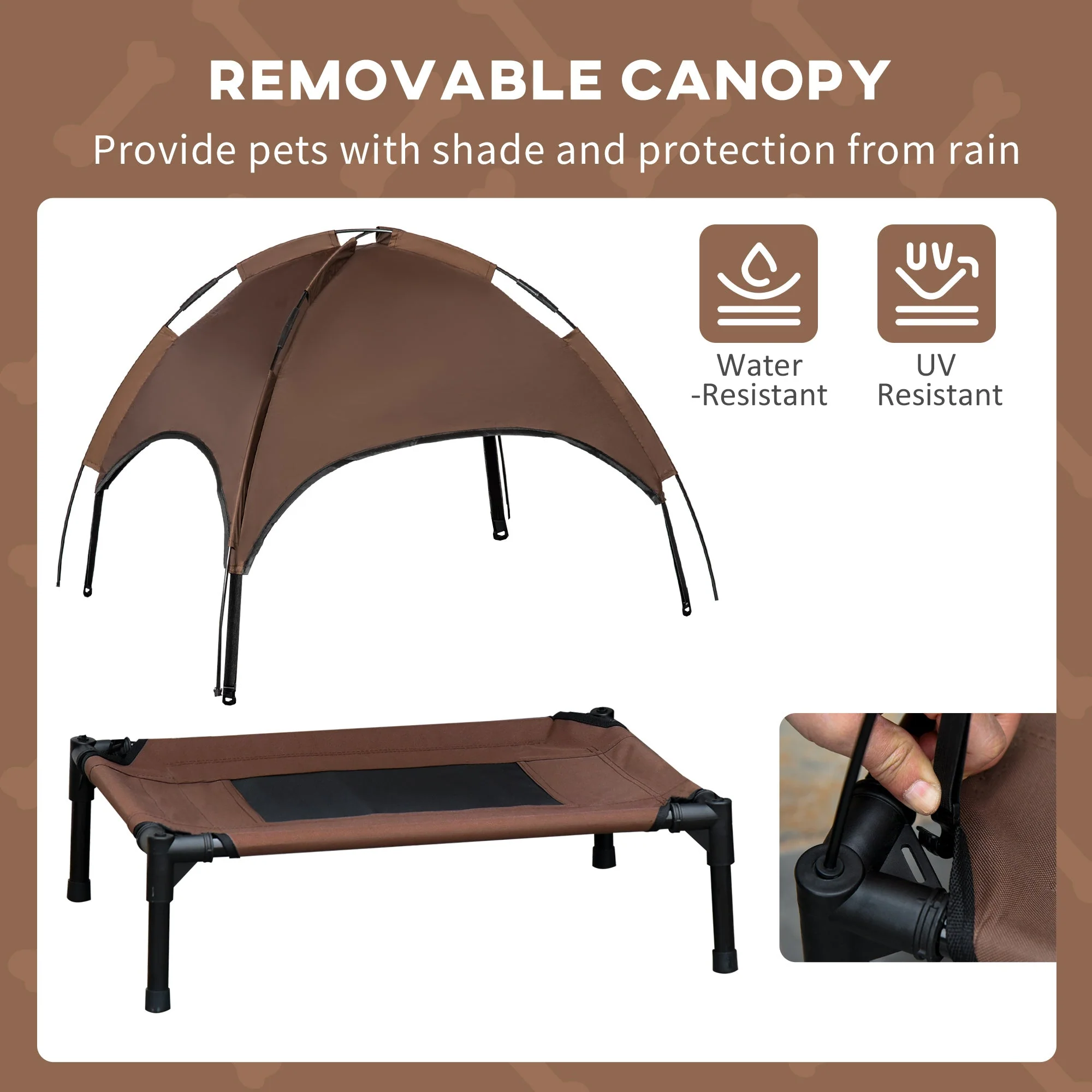 PawHut Raised Dog Bed Waterproof Elevated Pet Cot with Breathable Mesh UV Protection Canopy Coffee - Image 6