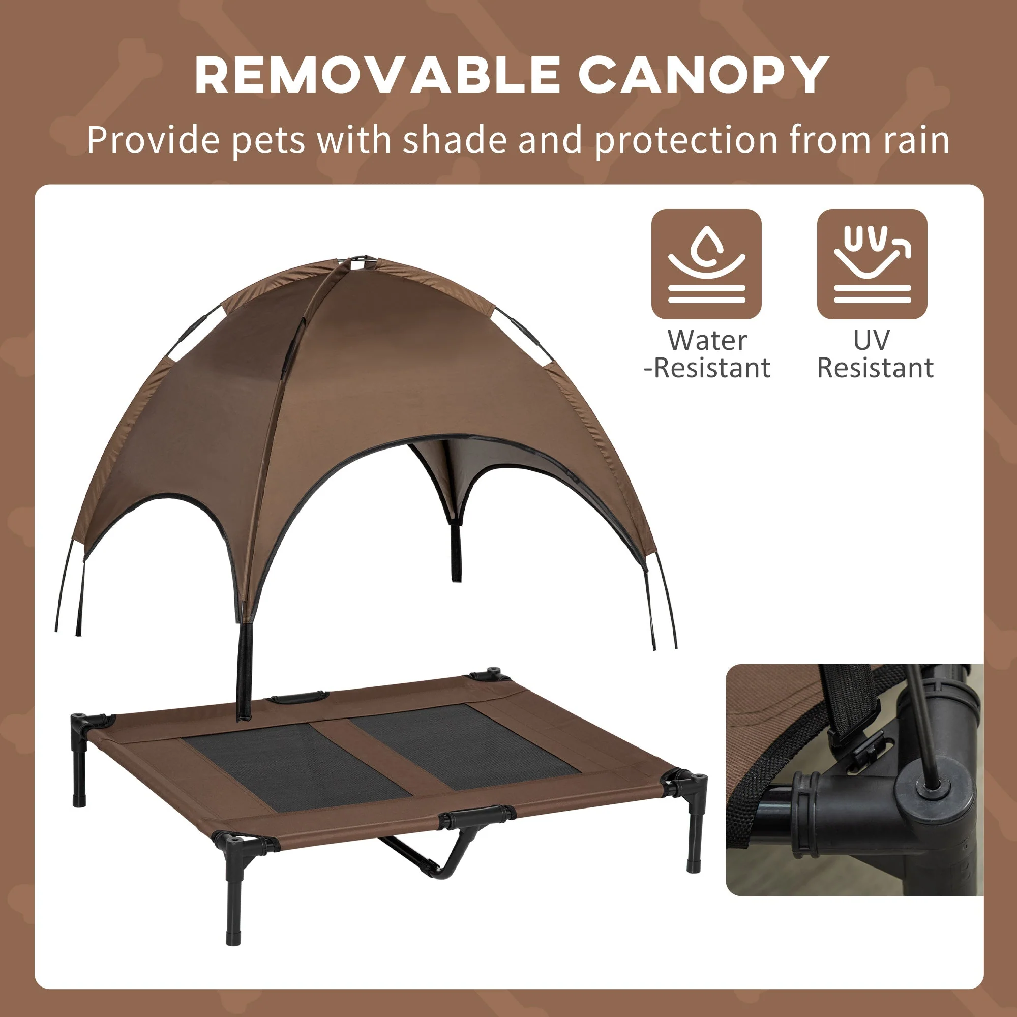 PawHut Raised Dog Bed Waterproof Elevated Pet Cot with Breathable Mesh UV Protection Canopy Coffee - Image 3