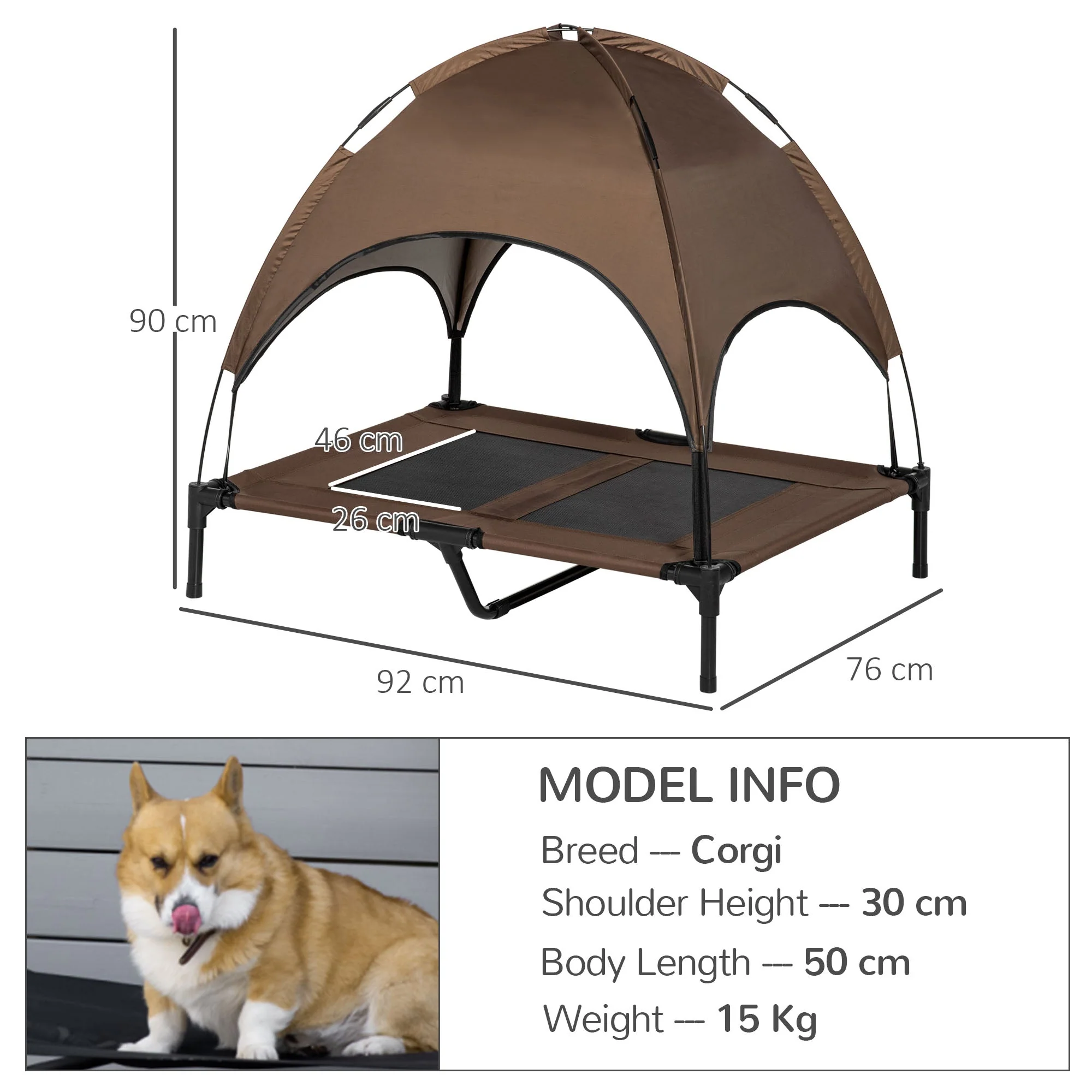 PawHut Raised Dog Bed Waterproof Elevated Pet Cot with Breathable Mesh UV Protection Canopy Coffee - Image 5