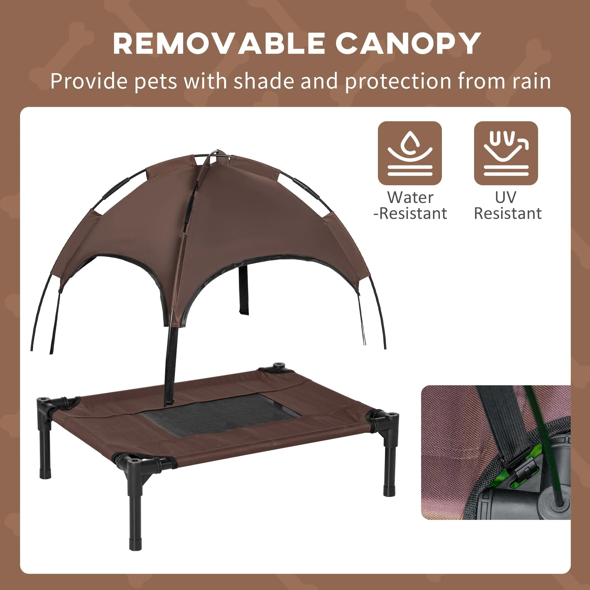 PawHut Raised Dog Bed Waterproof Elevated Pet Cot with Breathable Mesh UV Protection Canopy Coffee - Image 7