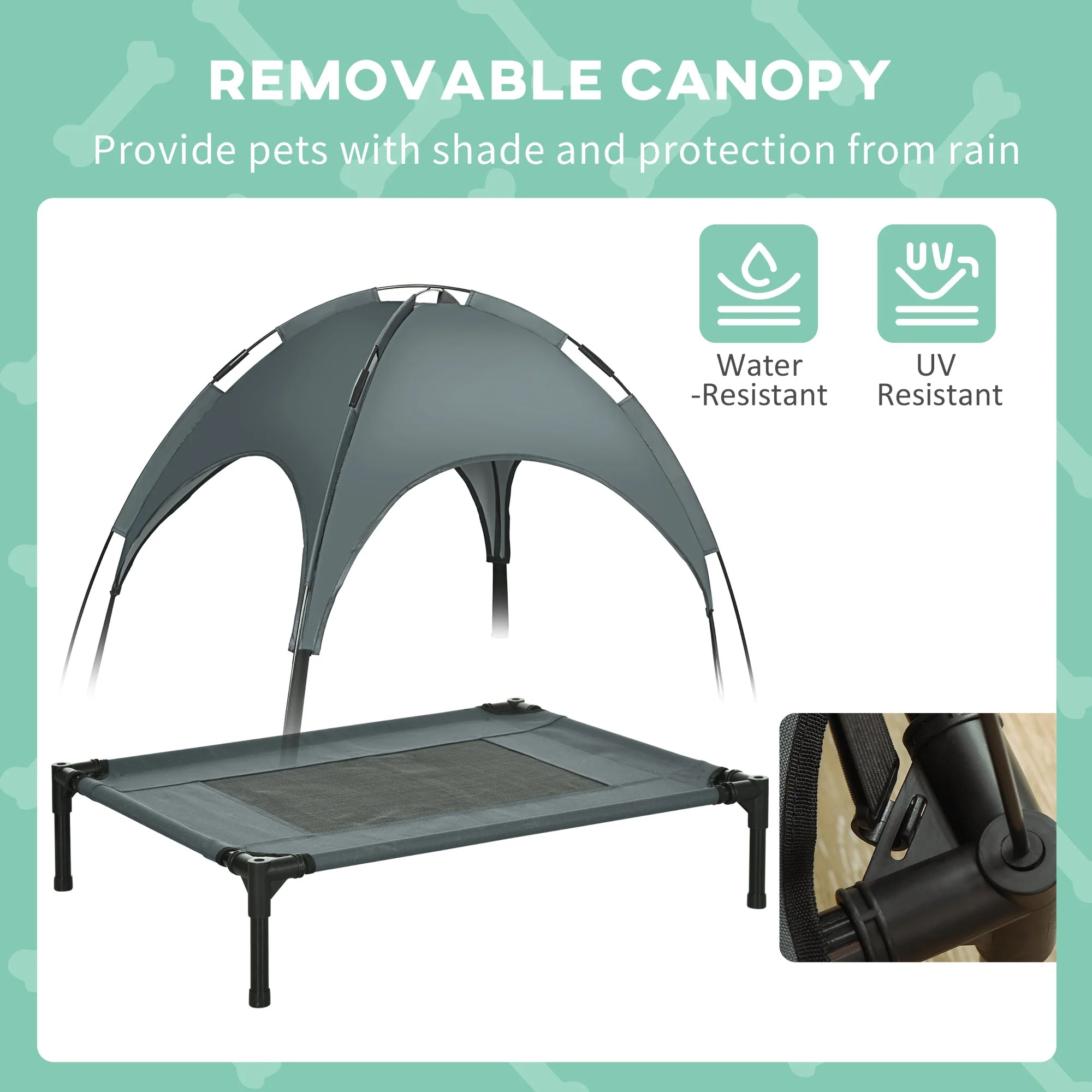 PawHut Raised Dog Bed Waterproof Elevated Pet Cot with Breathable Mesh UV Protection Canopy Grey - Image 6