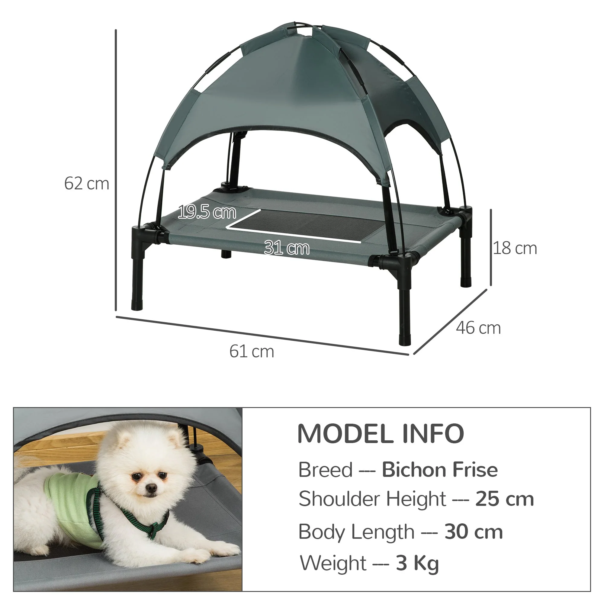PawHut Raised Dog Bed Waterproof Elevated Pet Cot with Breathable Mesh UV Protection Canopy Grey - Image 4