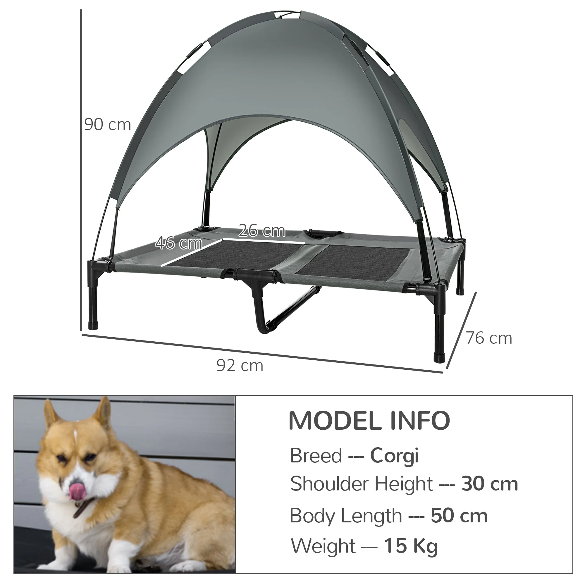 Pawhut Raised Dog Bed Waterproof Elevated Pet Cot With Breathable Mesh Uv Protection Canopy Grey - Image 2