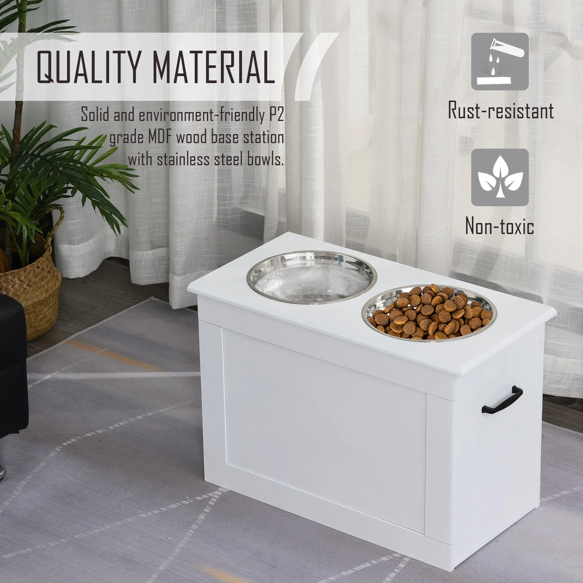 PawHut Raised Dog Bowls Pet Feeding Storage Station with 2 Stainless Steel Bowls Base for Large Dogs and Other Large Pets - Image 6