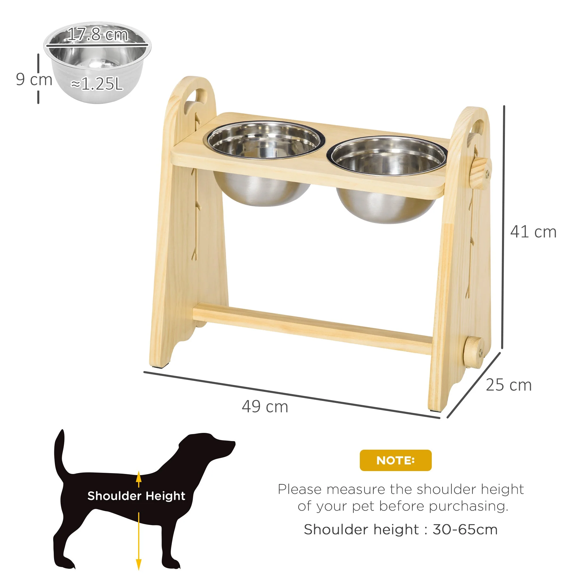 PawHut Raised Dog Bowls with Stand Adjustable Raised Pet Feeder with 2 Removable Stainless Steel Bowls for Small to Extra Large Dogs - Image 4