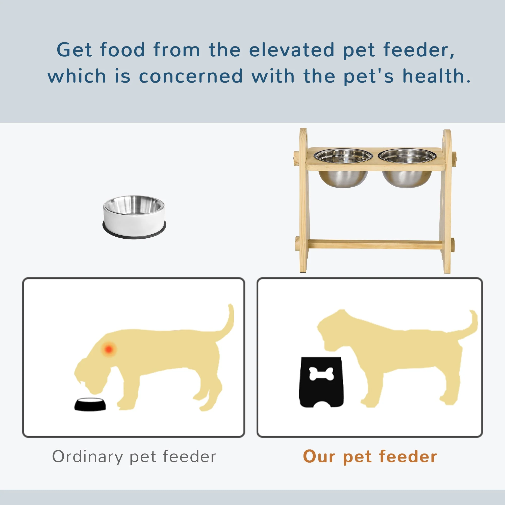 PawHut Raised Dog Bowls with Stand Adjustable Raised Pet Feeder with 2 Removable Stainless Steel Bowls for Small to Extra Large Dogs - Image 5