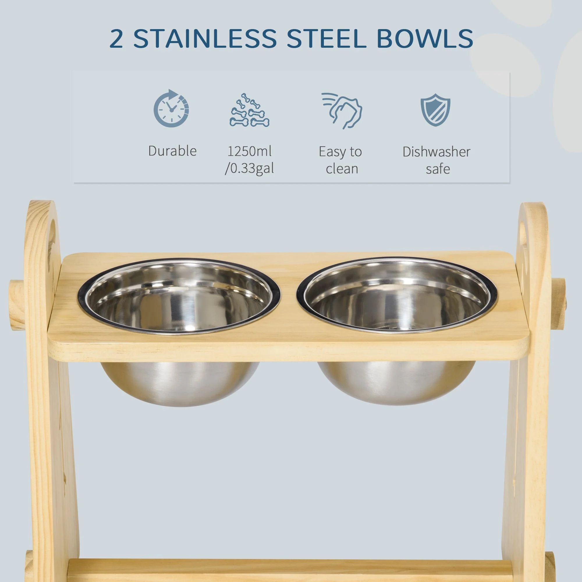 PawHut Raised Dog Bowls with Stand Adjustable Raised Pet Feeder with 2 Removable Stainless Steel Bowls for Small to Extra Large Dogs - Image 6