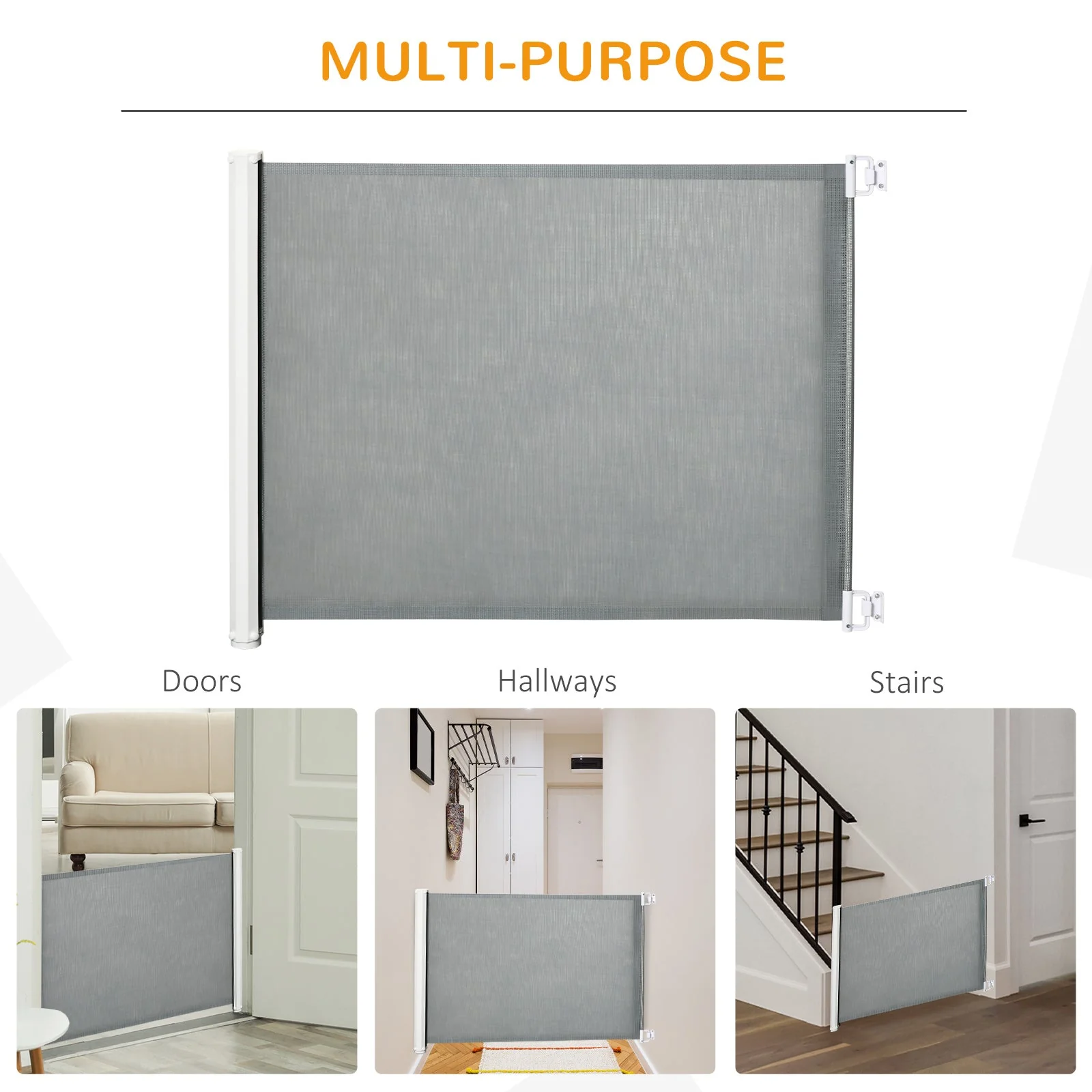 PawHut Retractable Safety Gate Dog Pet Guard Barrier Folding Protector Home Doorway Room Divider Stair Guard Grey 115L x 82.5H cm - Image 6