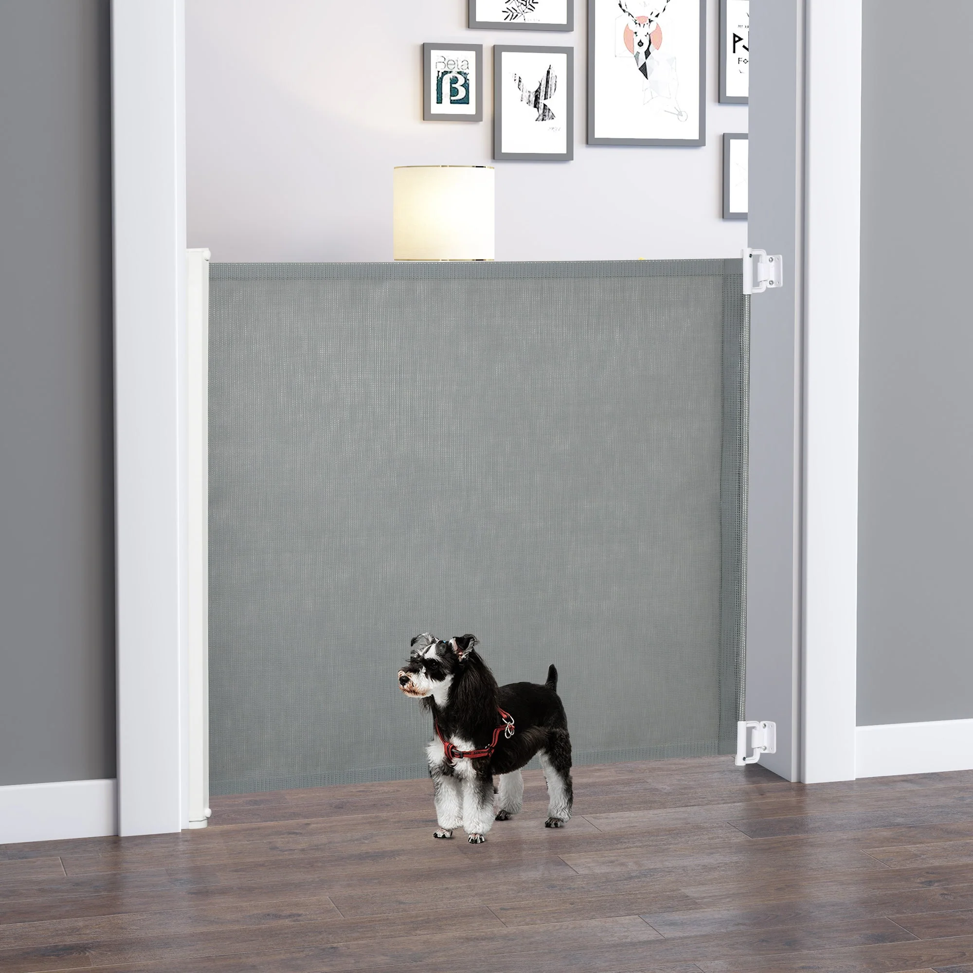 PawHut Retractable Safety Gate Dog Pet Guard Barrier Folding Protector Home Doorway Room Divider Stair Guard Grey 115L x 82.5H cm - Image 9