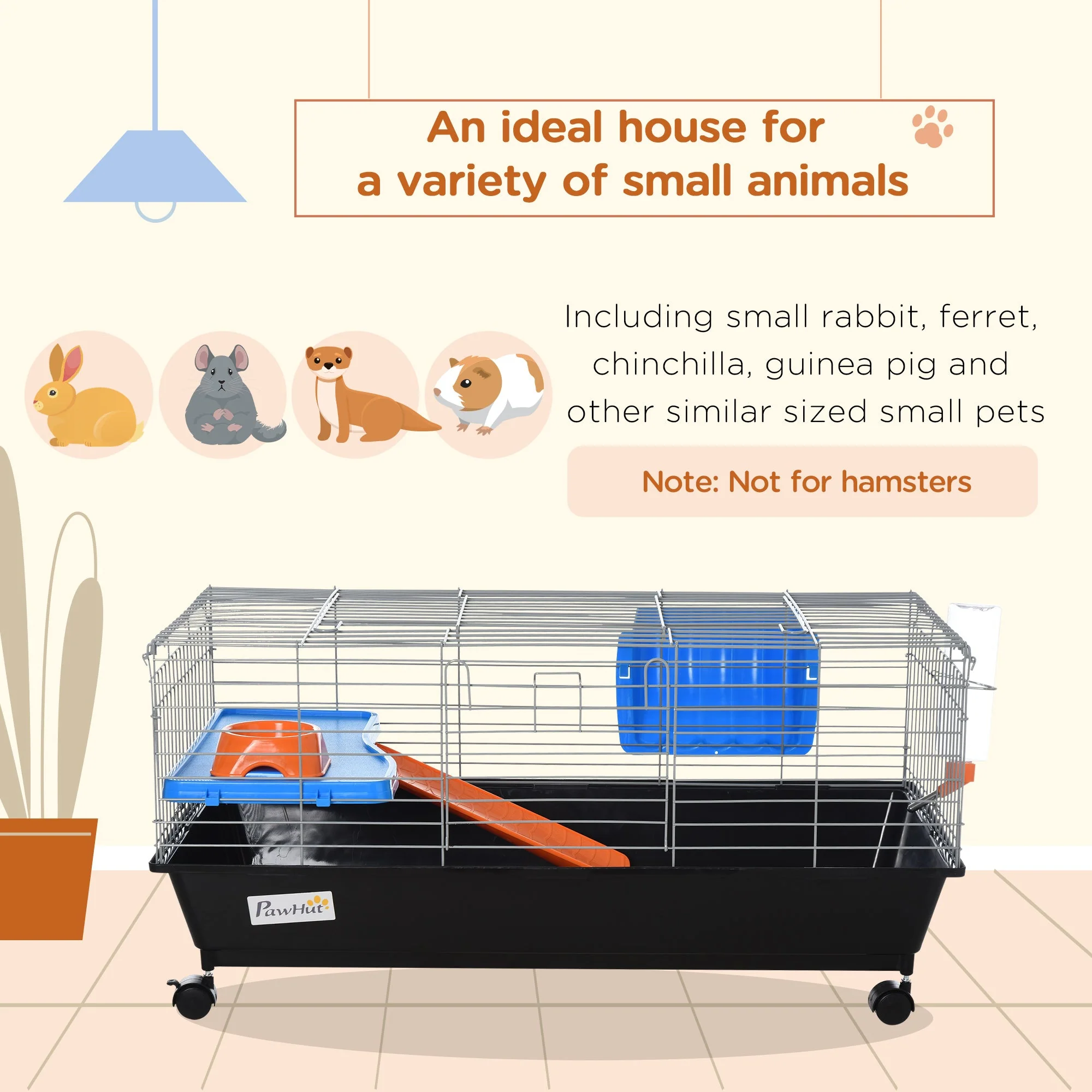 PawHut Small Animal Cage Rabbit Guinea Pigs Chinchillas Cage w/ Wheels Water Bottle Food Dish Platform Ramp 89 x 44 x 43 cm Black - Image 2