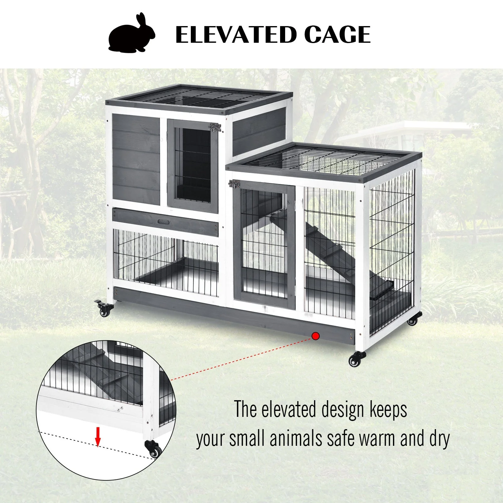 PawHut Small Animals 2-Tier Fir Wood Rabbit Hutch Indoor Grey - Image 2