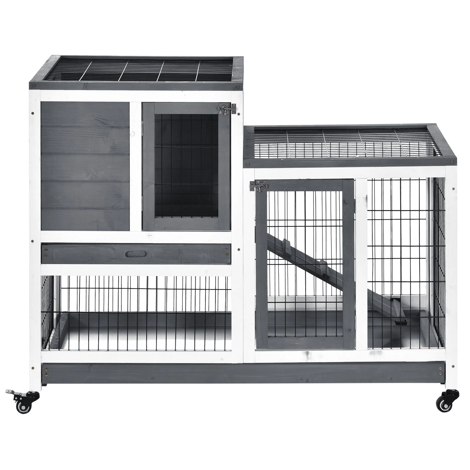 PawHut Small Animals 2-Tier Fir Wood Rabbit Hutch Indoor Grey - Image 3