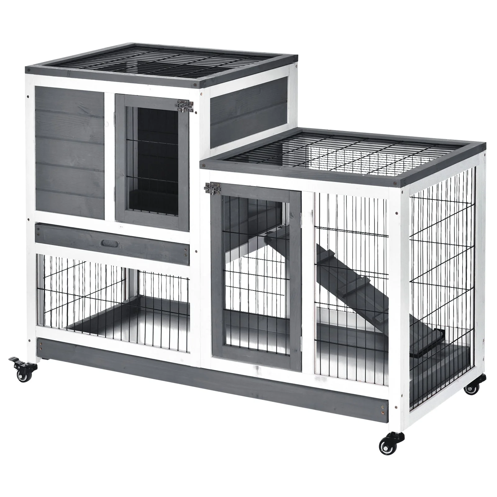 PawHut Small Animals 2-Tier Fir Wood Rabbit Hutch Indoor Grey - Image 4