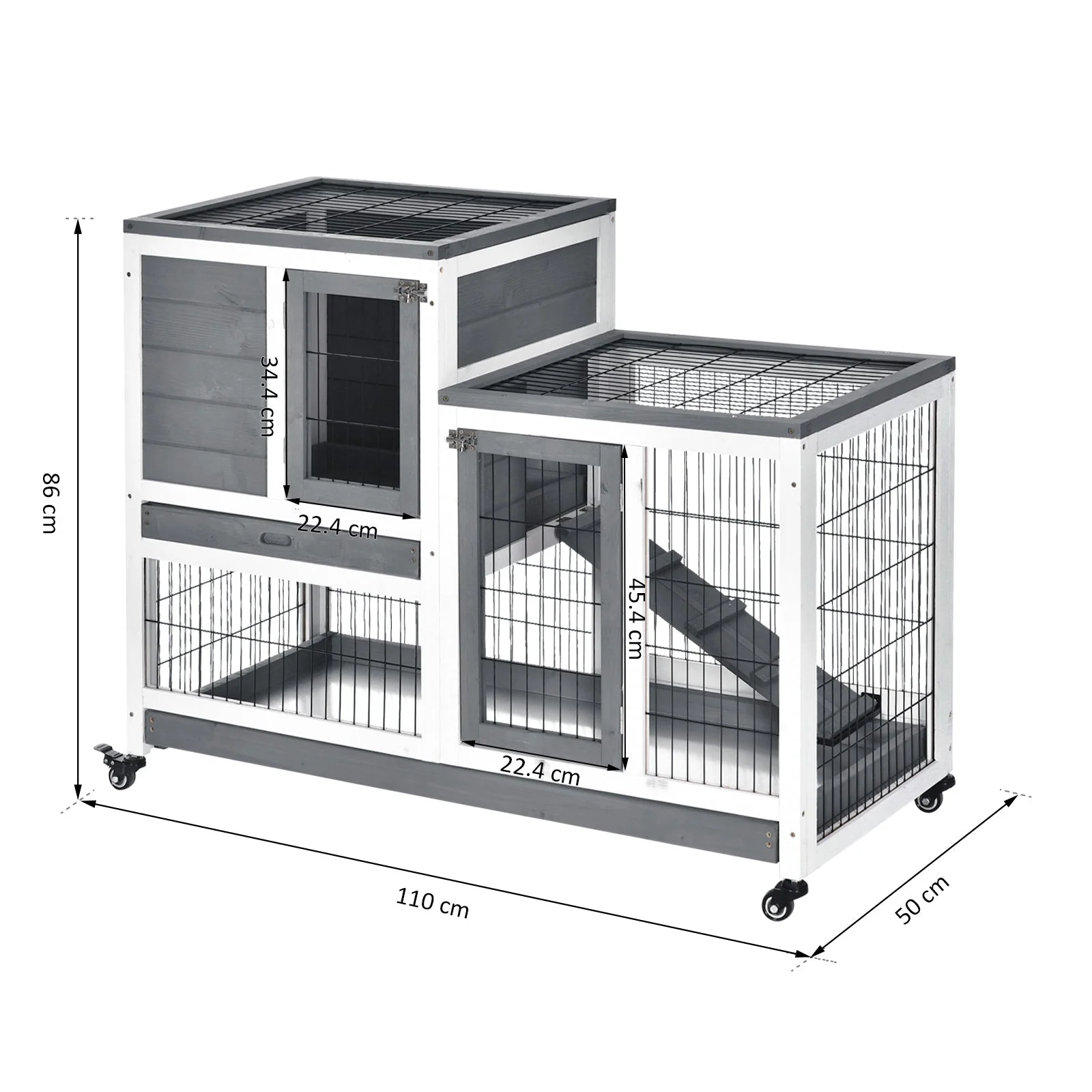 PawHut Small Animals 2-Tier Fir Wood Rabbit Hutch Indoor Grey - Image 5