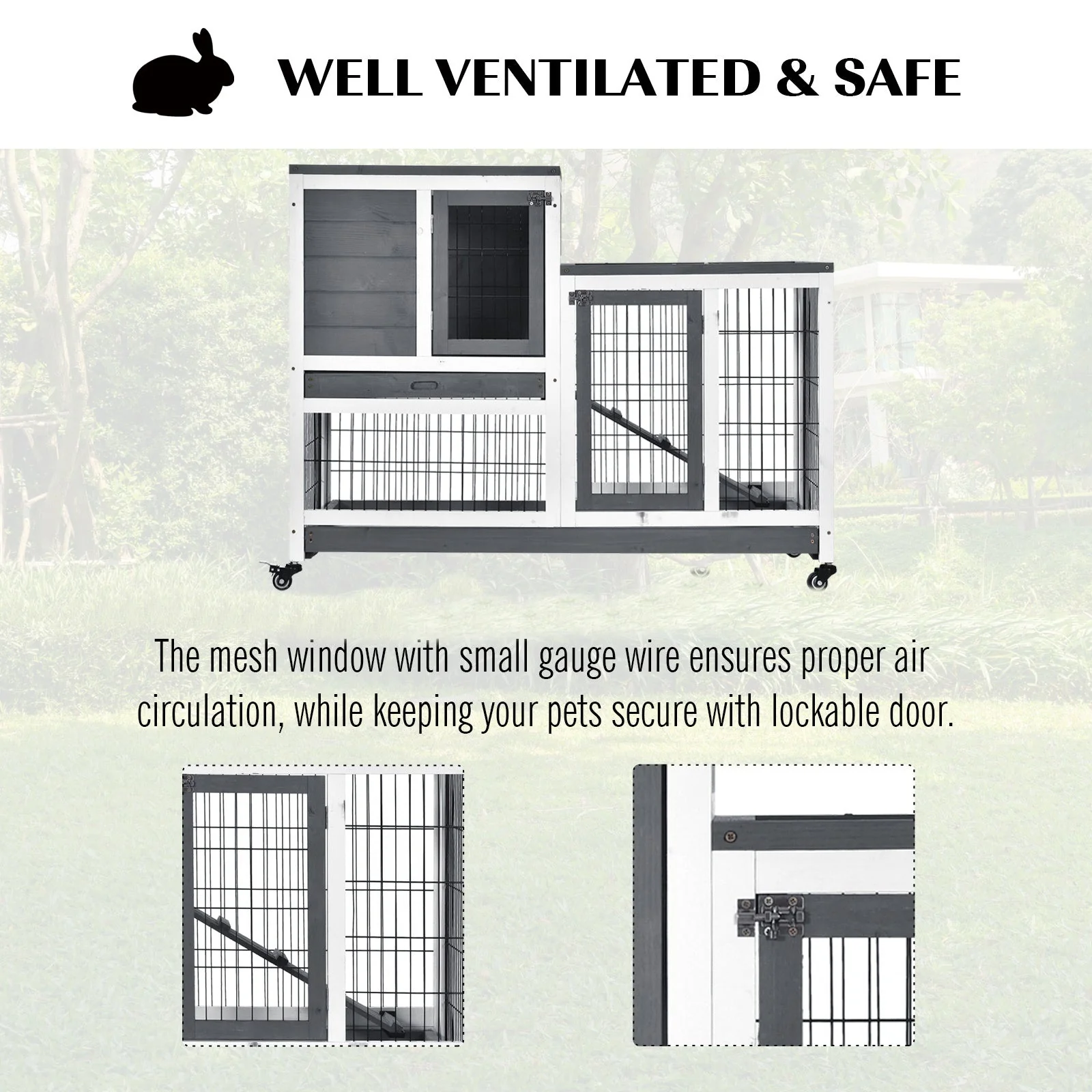 PawHut Small Animals 2-Tier Fir Wood Rabbit Hutch Indoor Grey - Image 6