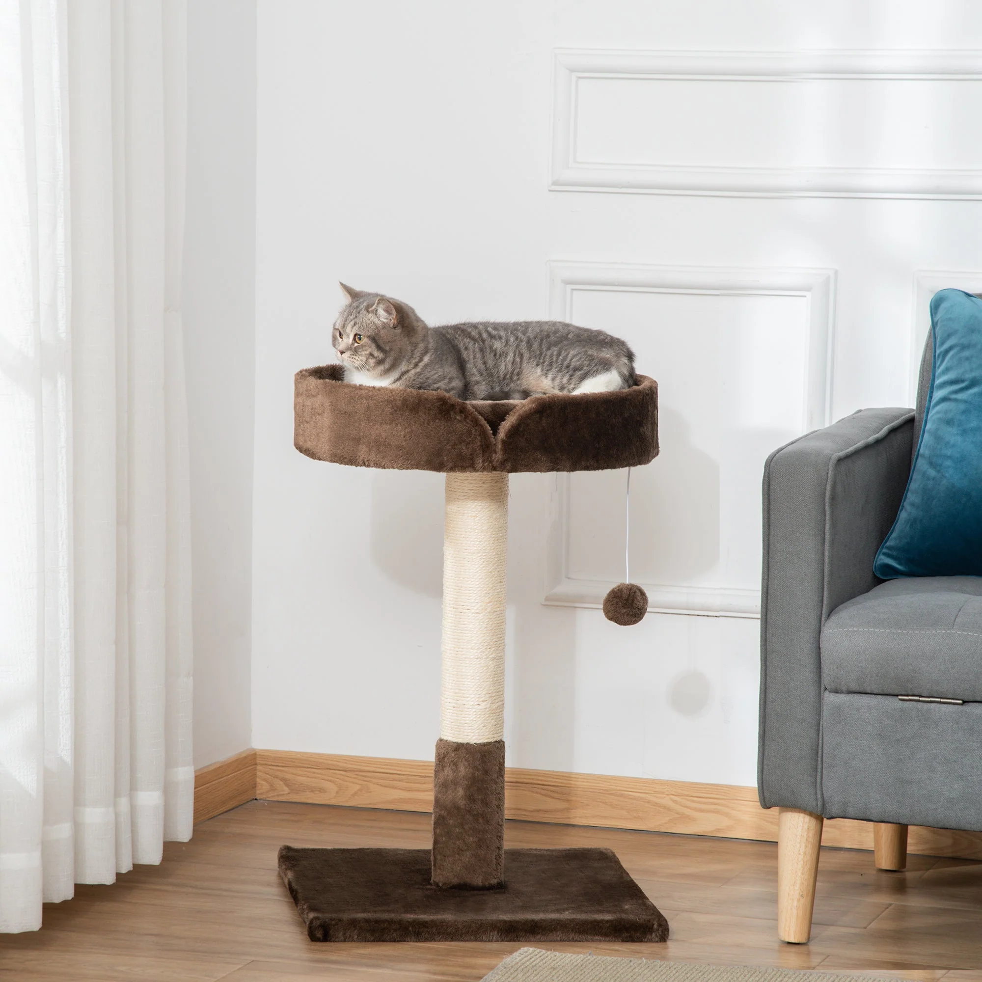 PawHut Small Cat Tree for Indoor Cats with Sisal Scratching Post Kitten Bed Cushion Ball Toy - Image 3
