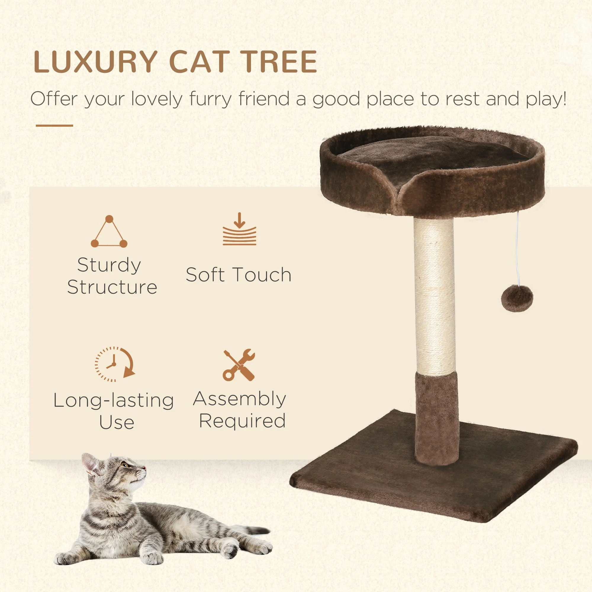 PawHut Small Cat Tree for Indoor Cats with Sisal Scratching Post Kitten Bed Cushion Ball Toy - Image 5