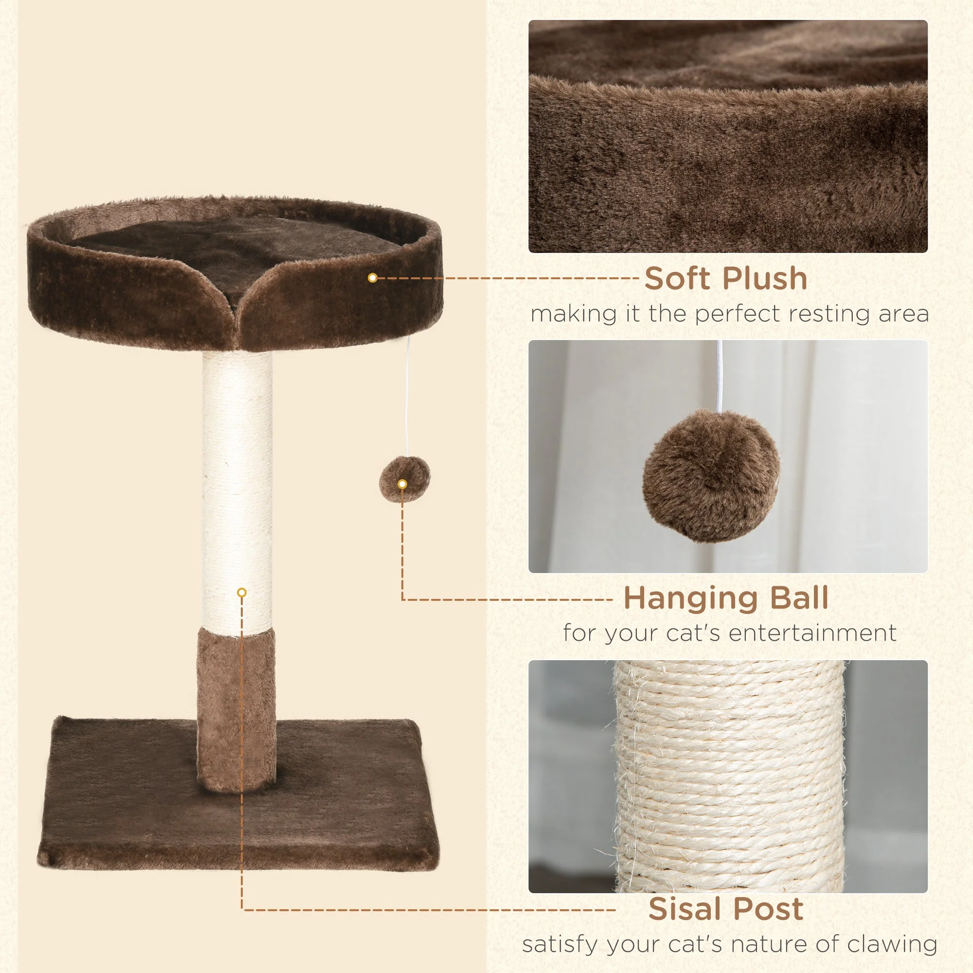 PawHut Small Cat Tree for Indoor Cats with Sisal Scratching Post Kitten Bed Cushion Ball Toy - Image 6