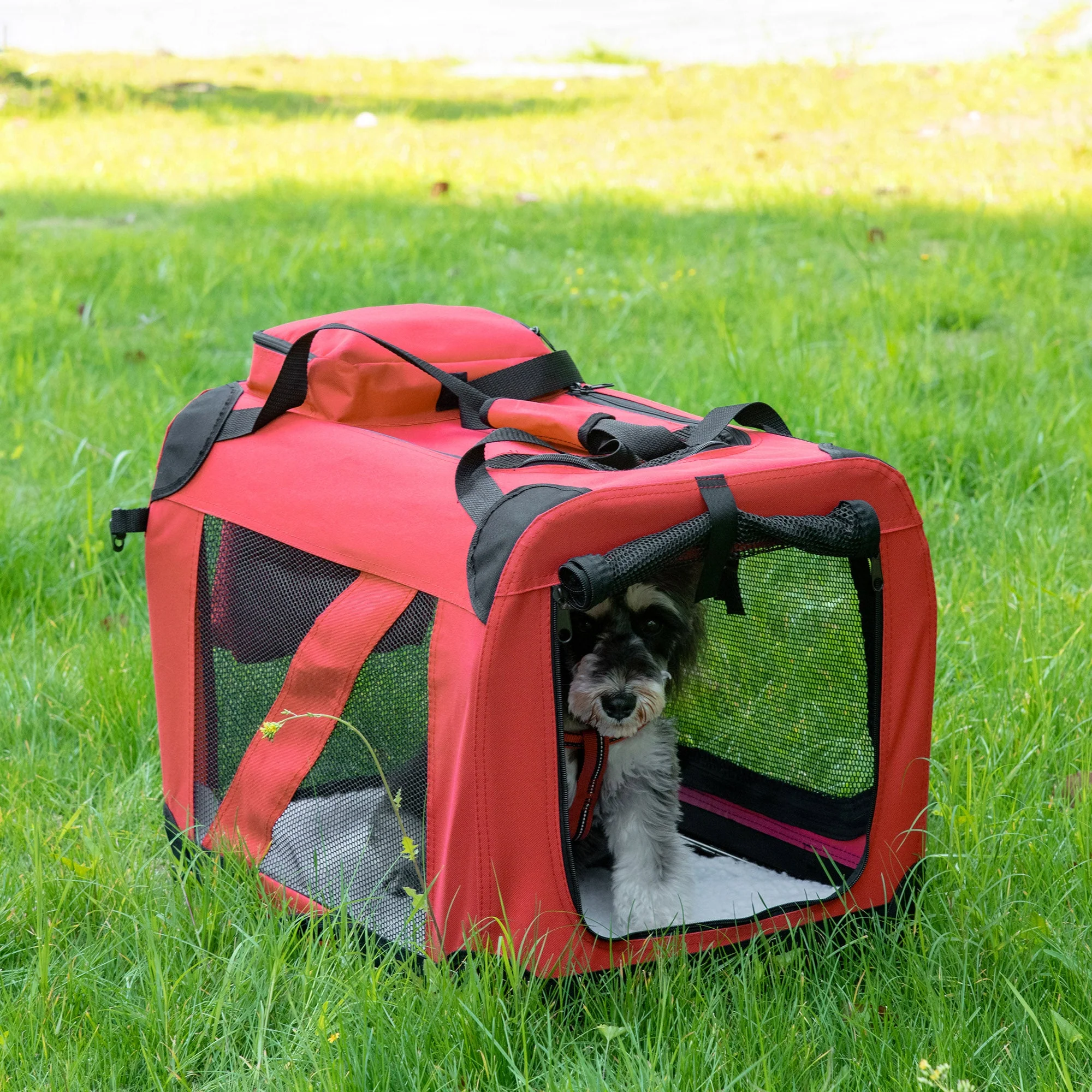 PawHut Small Pets PVC Oxford Cloth Travel Carrier w/ Mesh Windows Red - Image 4