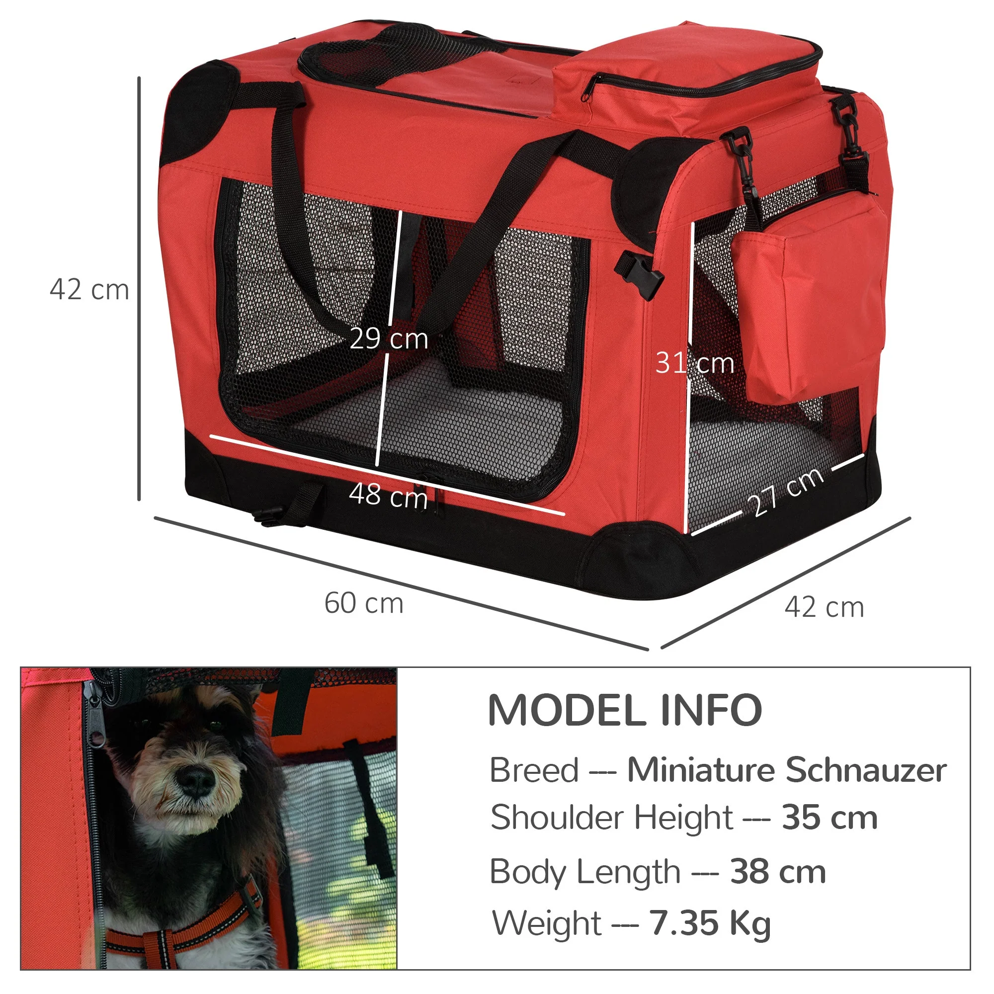 PawHut Small Pets PVC Oxford Cloth Travel Carrier w/ Mesh Windows Red - Image 5