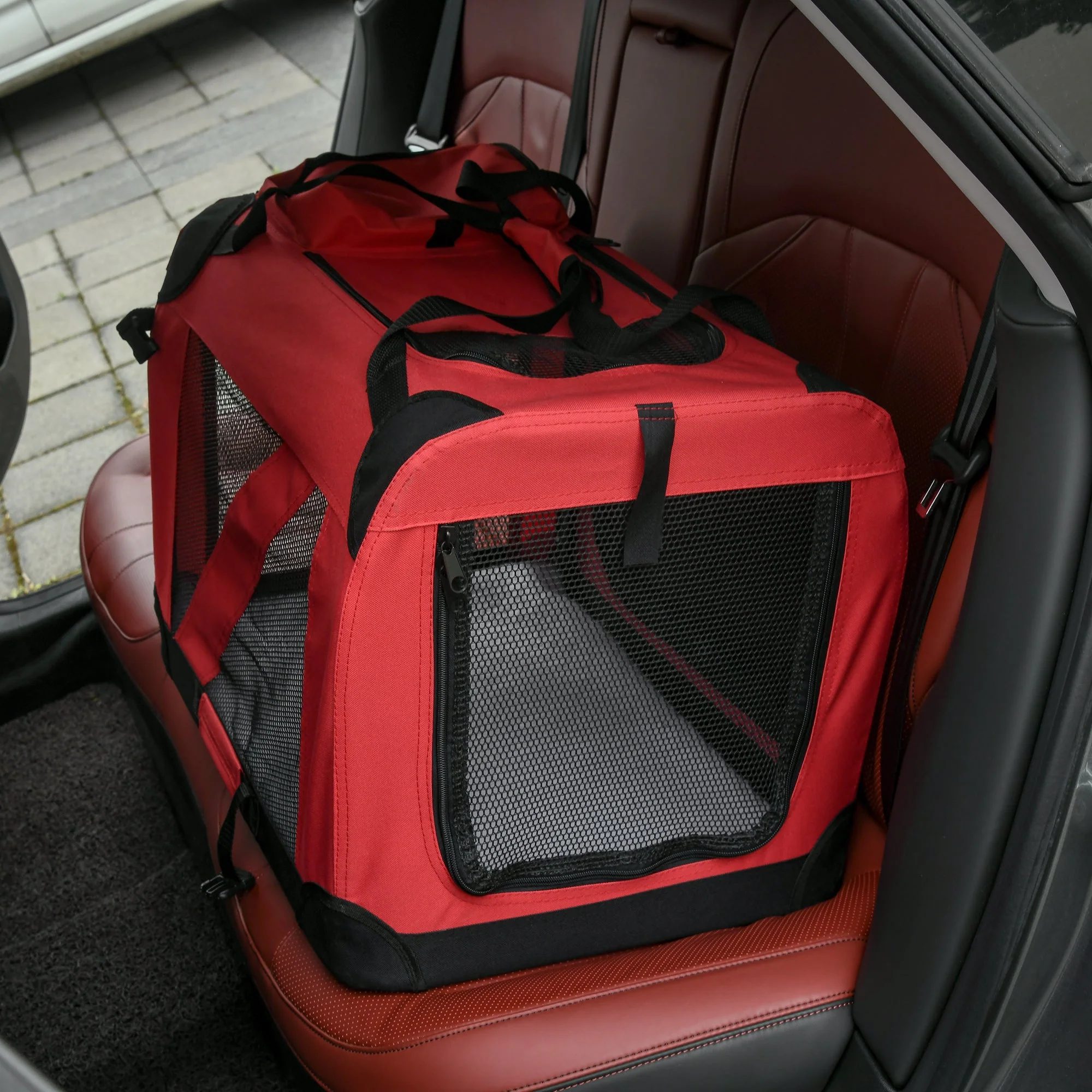 PawHut Small Pets PVC Oxford Cloth Travel Carrier w/ Mesh Windows Red - Image 9