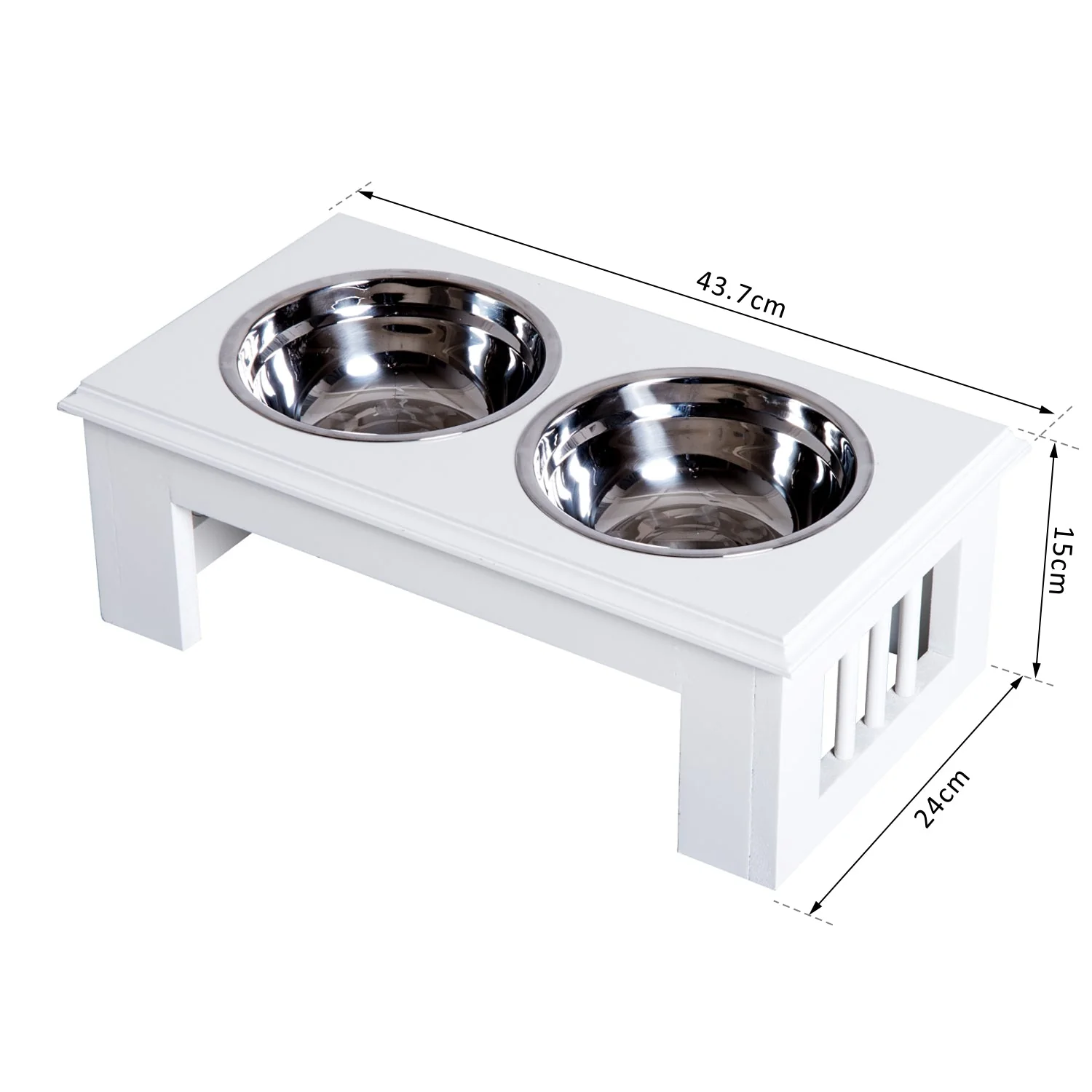 PawHut Stainless Steel Raised Dog Feeding Bowls with Stand Elevated Twin Pet Bowls Water Food Feeder 43.7L x 24W x 15H cm - White - Image 4