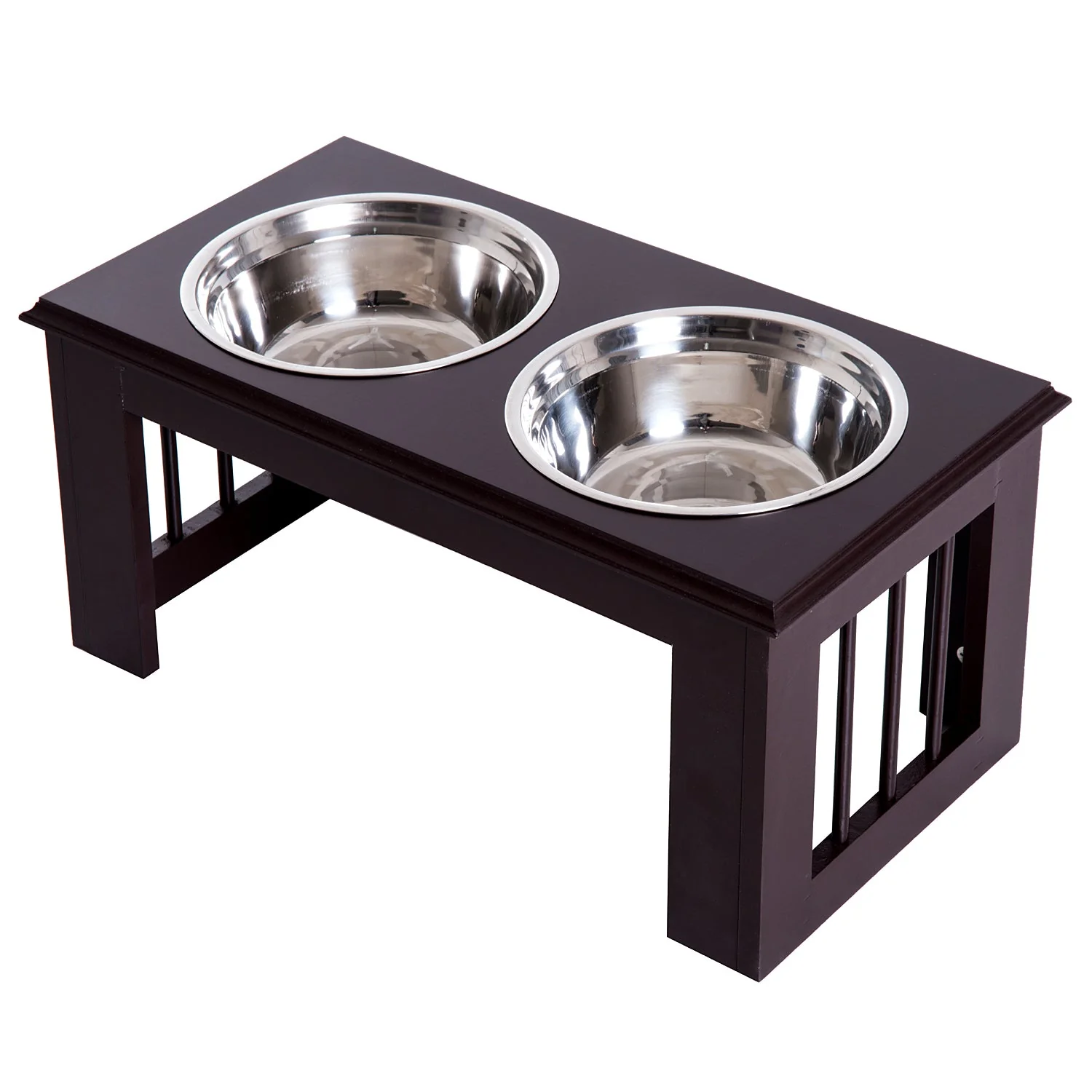 PawHut Stainless Steel Raised Dog Feeding Bowls with Stand for Small Medium Dogs Elevated Twin Pet Bowls Water Food Feeder 58.4L x 30.5W x 25.4H cm - Brown - Image 2