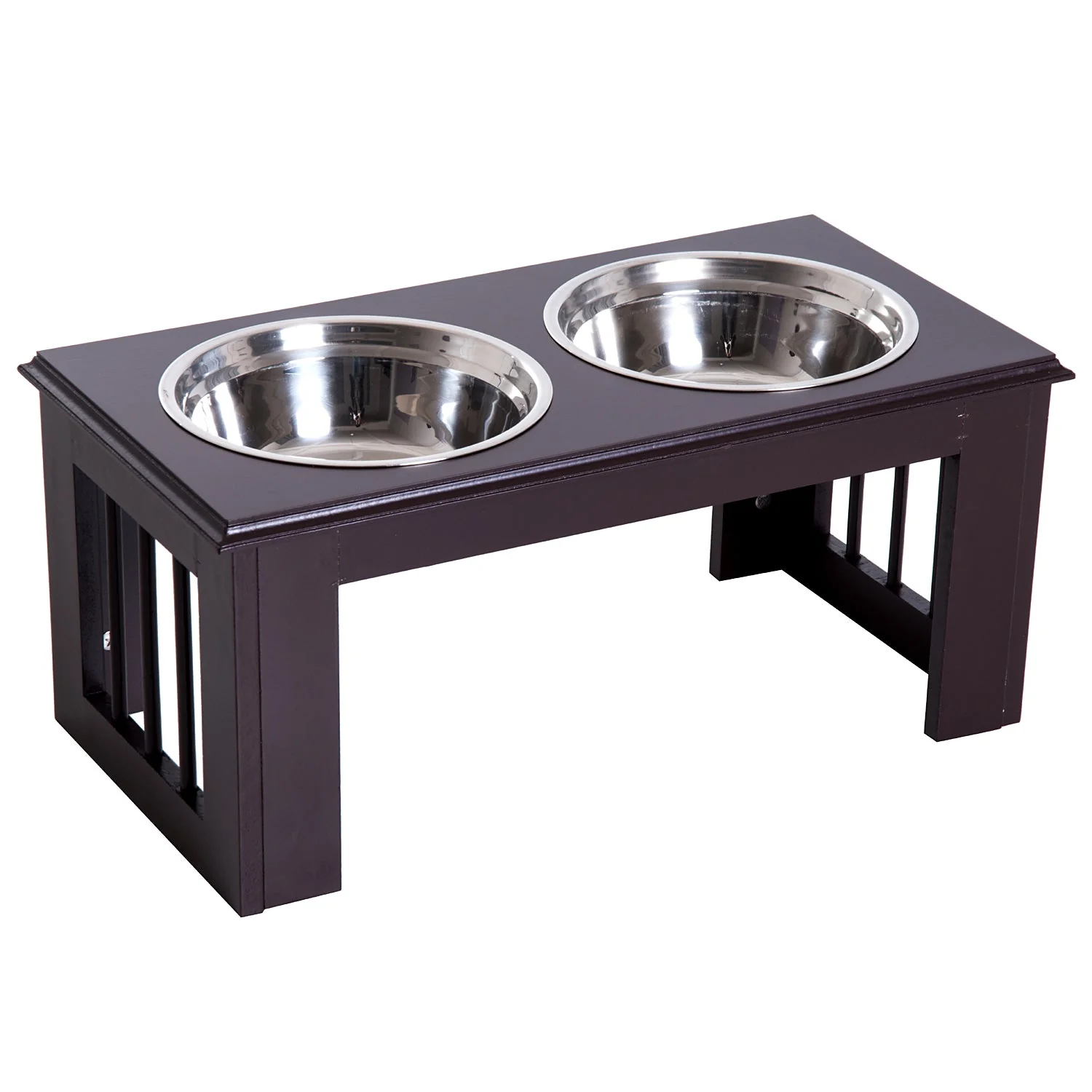 PawHut Stainless Steel Raised Dog Feeding Bowls with Stand for Small Medium Dogs Elevated Twin Pet Bowls Water Food Feeder 58.4L x 30.5W x 25.4H cm - Brown - Image 4